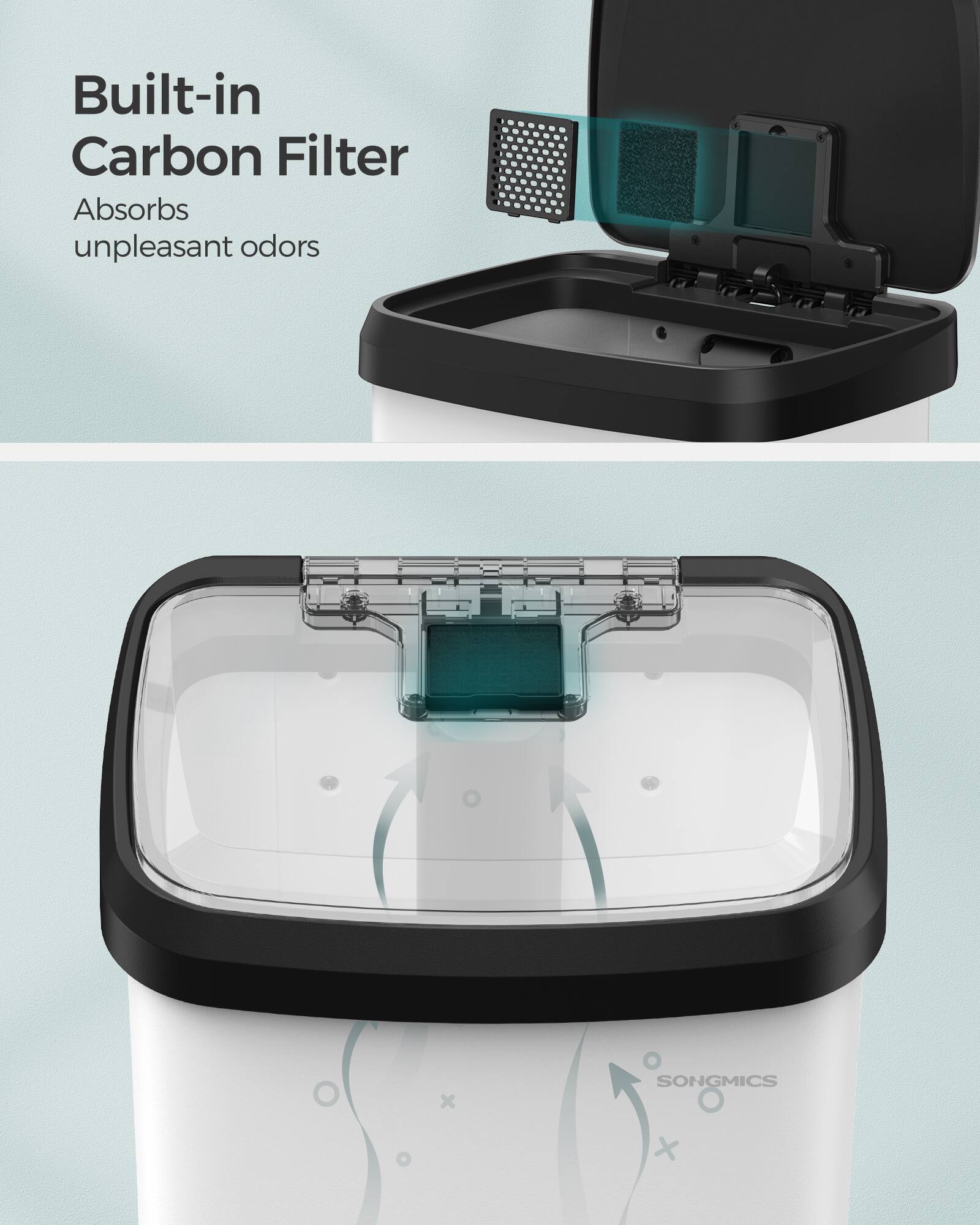 Built-in Carbon Filter  
Absorbs unpleasant odors