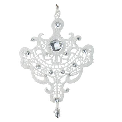 Front. Melrose - 9.5" White Elegant Jeweled Lace Doily Style Christmas Ornament - White.