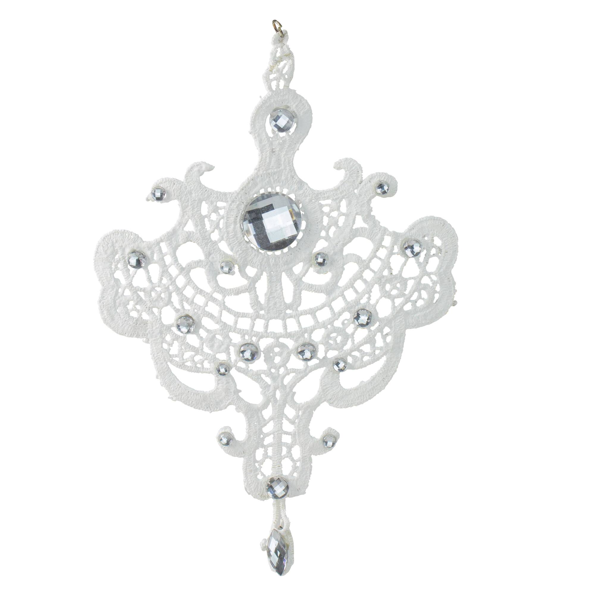 Front. Melrose - 9.5" White Elegant Jeweled Lace Doily Style Christmas Ornament - White.