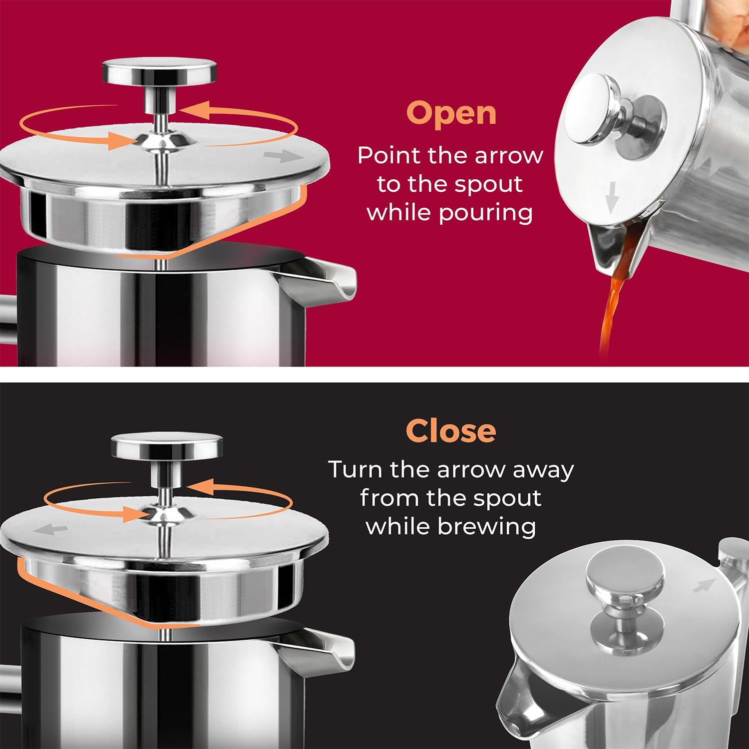 Open Point the arrow to the spout while pouring
Close Turn the arrow away from the spout while brewing