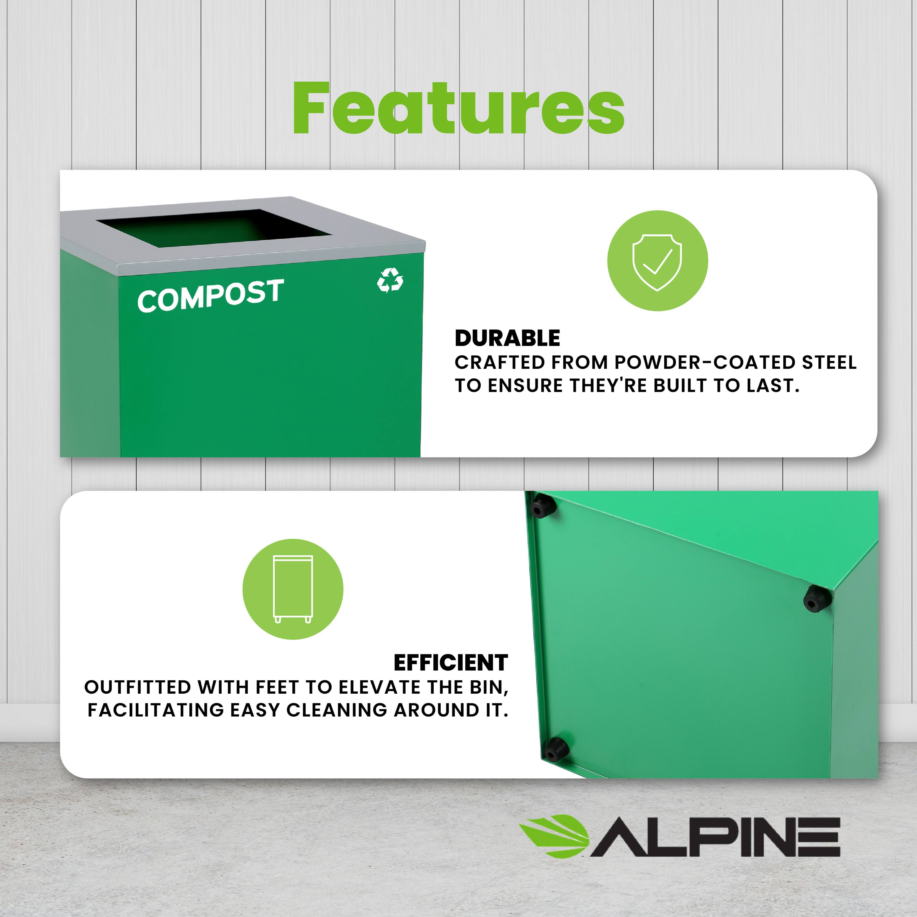 Features
COMPOST
DURABLE
CRAFTED FROM POWDER-COATED STEEL TO ENSURE THEY'RE BUILT TO LAST.
EFFICIENT
OUTFITTED WITH FEET TO ELEVATE THE BIN, FACILITATING EASY CLEANING AROUND IT.
ALPINE