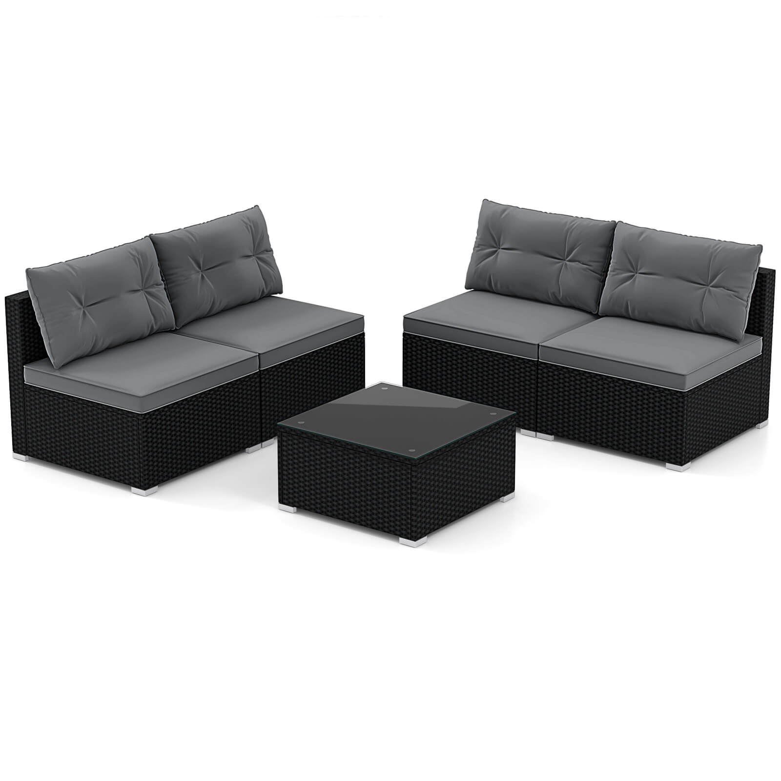 Costway - 5 Piece Outdoor Furniture Set with Seat & Back Cushions Tempered Glass Tabletop - Gray