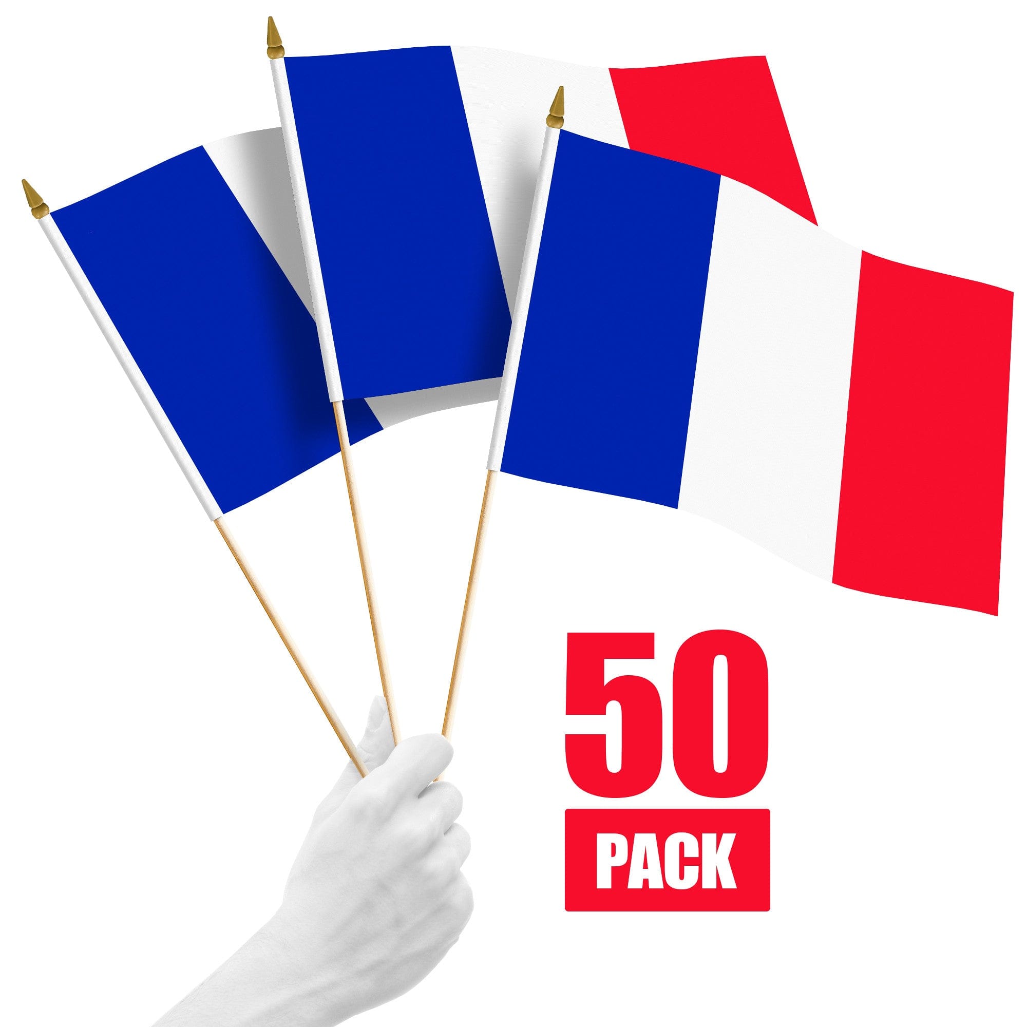 G128 - 50-Pack Handheld France Flags 12 x 18 in 150D Polyester with Wooden Stick and Gold Spear Tip - Assorted Colors