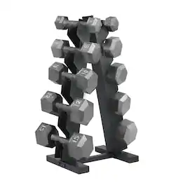HolaHatha - 5, 8, 10, 12 & 15 lb Cast Iron Dumbbell Free Hand Weight Set with Rack - Silver