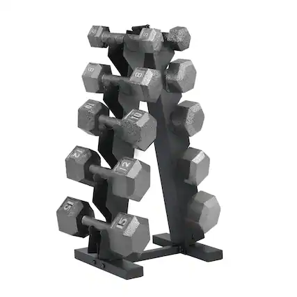 Front. HolaHatha - HolaHatha 5, 8, 10, 12 & 15 lb Cast Iron Dumbbell Free Hand Weight Set with Rack - Silver.
