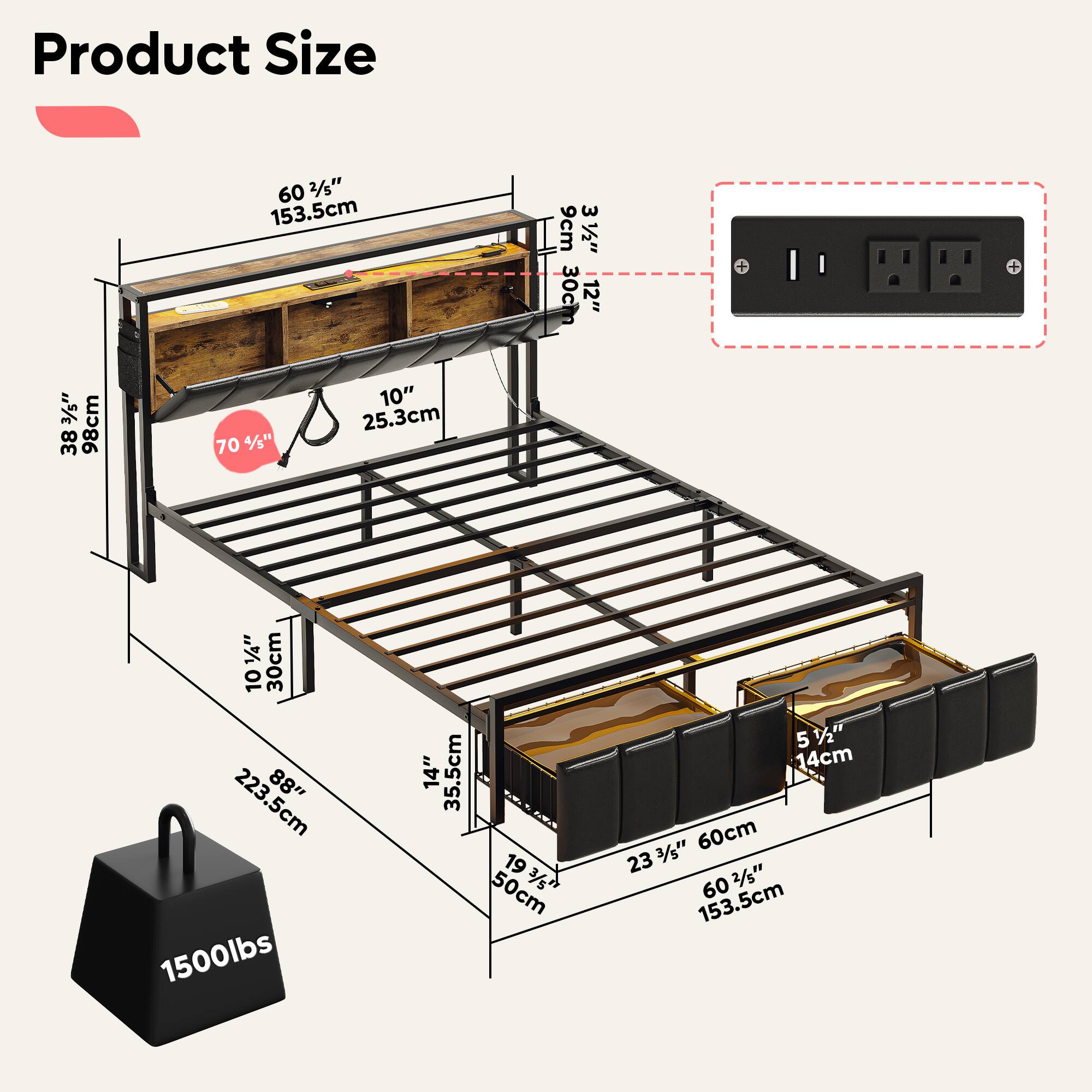 Product Size: 60 2/3" 153.5cm, 3 9cm, 3/2" 30cm, 12" + , 38 98cm, 70 4/6" 10" 25.3cm, 1/4" 30cm, 10 223.5cm, 88" 1500lbs, 14" 35.5cm, 19 50cm, 3/64 51/2" 5 14cm, 3/5" 60cm, 23 60 3/s" 153.5cm