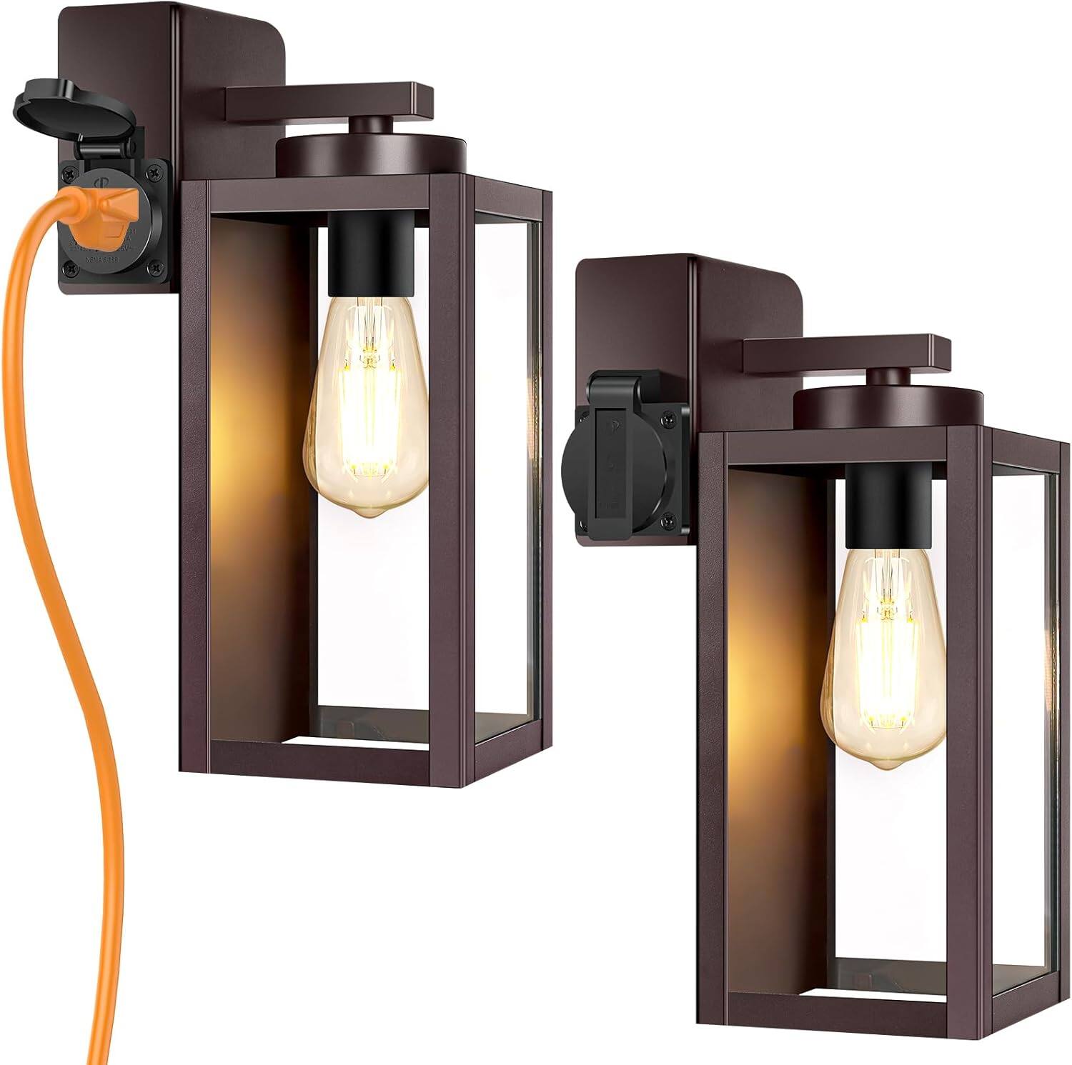 Nordic Hygge - 2-Pack Porch Lights with UL Certified Outlet, Modern Outdoor Wall Lights Exterior Lighting Fixtures Waterproo - Oil-Rubbed Bronze