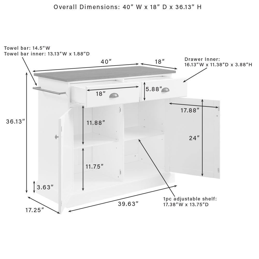 Overall Dimensions: 40" W X 18" D X 36.13" H  
Towel bar: 14.5"W  
Towel bar inner: 13.13"W x 1.88"D  
Drawer Inner: 16.13"W x 11.38"D x 3.88"H  
1pc adjustable shelf: 17.38"W x 13.75"D