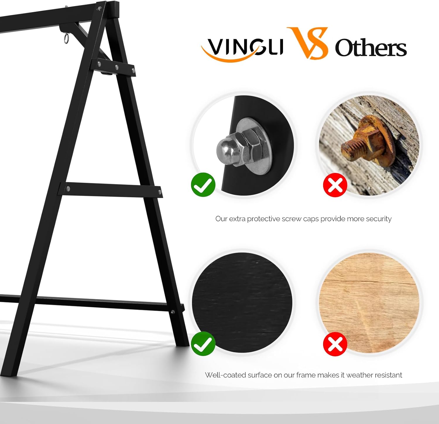 VINGLI VS Others

- Our extra protective screw caps provide more security
- Well-coated surface on our frame makes it weather resistant
