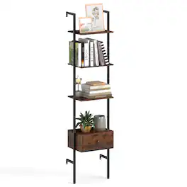 Gymax - 5-Tier Bookshelf w/ Drawer 70'' Wall Mount Ladder Bookcase w/ Metal Frame - Brown