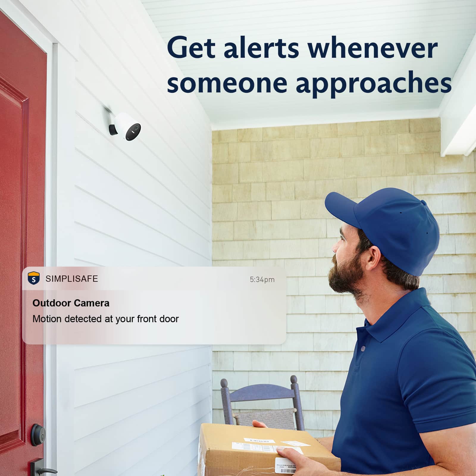 Get alerts whenever someone approaches your front door with the SimpliSafe Outdoor Camera. Motion detected at 5:34 pm.