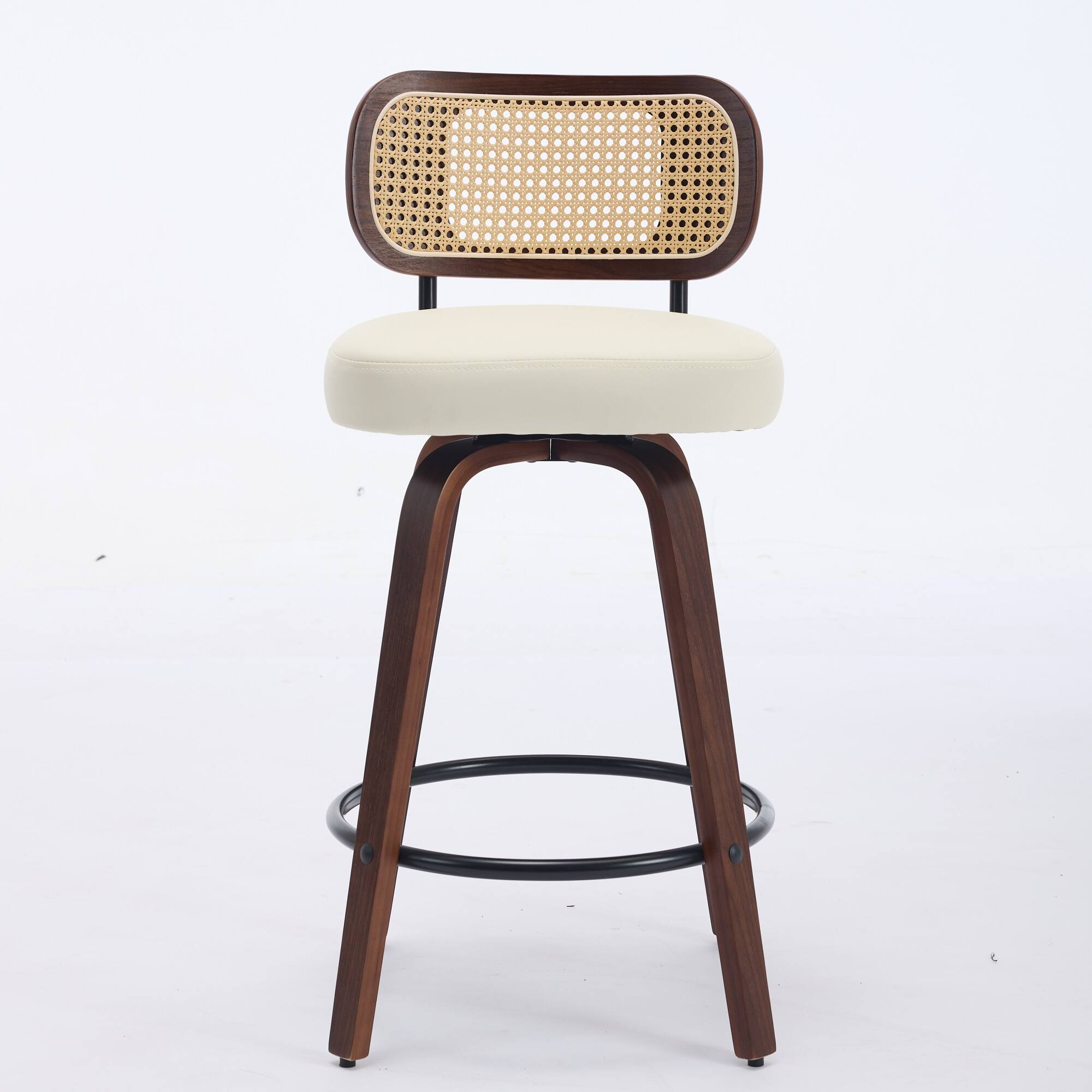 Angle. APRILSOUL - Set of 2 Counter Height Bar Stools 26 inch Rattan Cane Back Upholstered Seat Walnut Swivel - Beige.