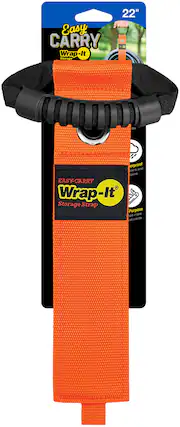 The text on the image reads: "22" Easy Carry Wrap-It Storage Strap - 22" long, 1 lb. proof and water resistant, perfect for securing doors and cords."