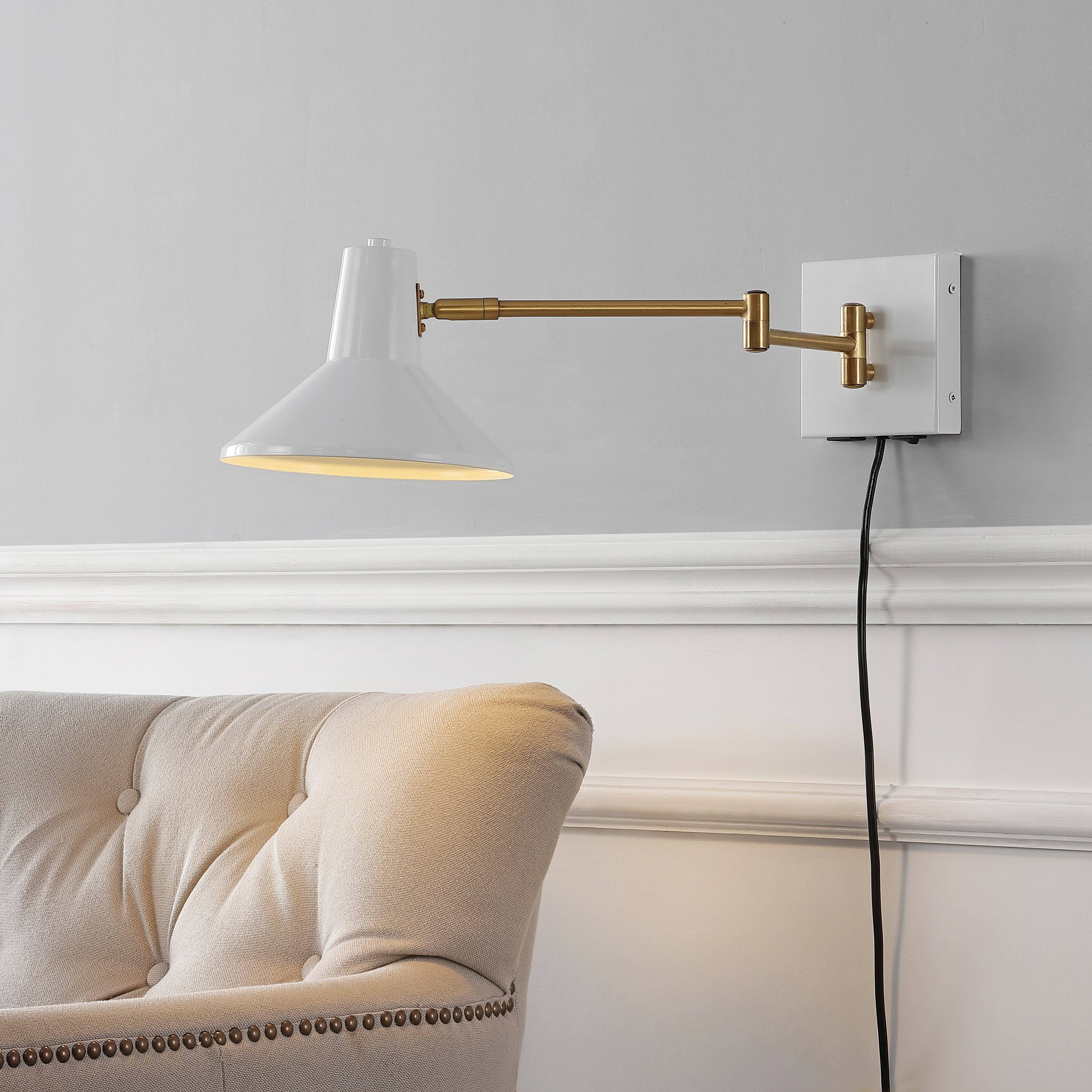 Alt View 1. Jonathan Y - Hygge 16" Swing Arm 1-Light Modern Midcentury Iron USB Charging Port LED Sconce, White/Brass Gold - White.
