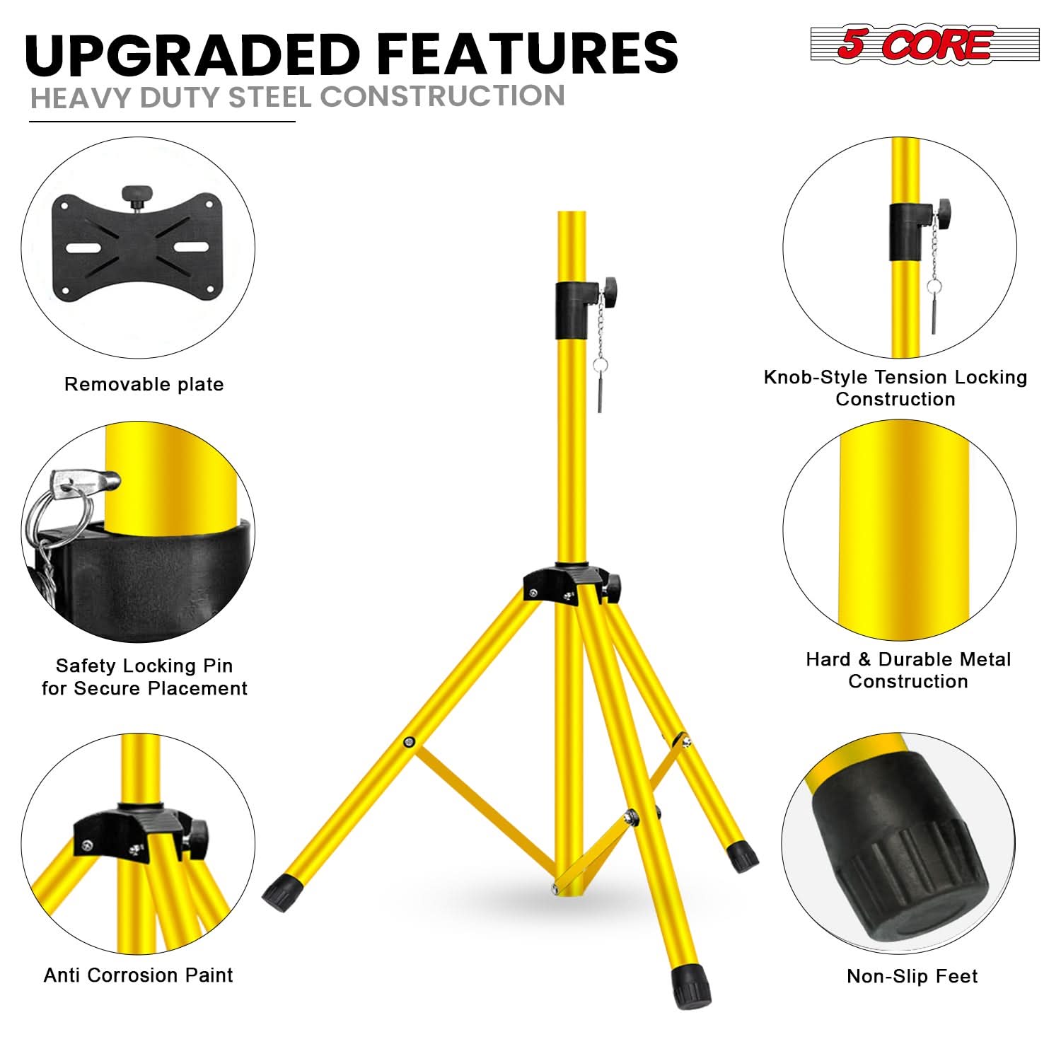 UPGRADED FEATURES  
HEAVY DUTY STEEL CONSTRUCTION  

- Removable plate  
- Safety Locking Pin for Secure Placement  
- Anti Corrosion Paint  
- Knob-Style Tension Locking Construction  
- Hard & Durable Metal Construction  
- Non-Slip Feet  

5 CORE