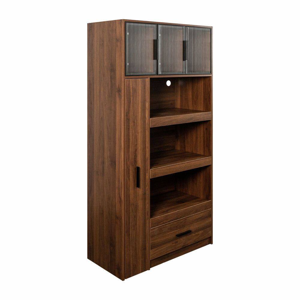 Alt View 4. Kadyn - 71-Inch Kitchen Pantry Cabinet with Aluminum Frame Glass Door - Walnut - Brown.