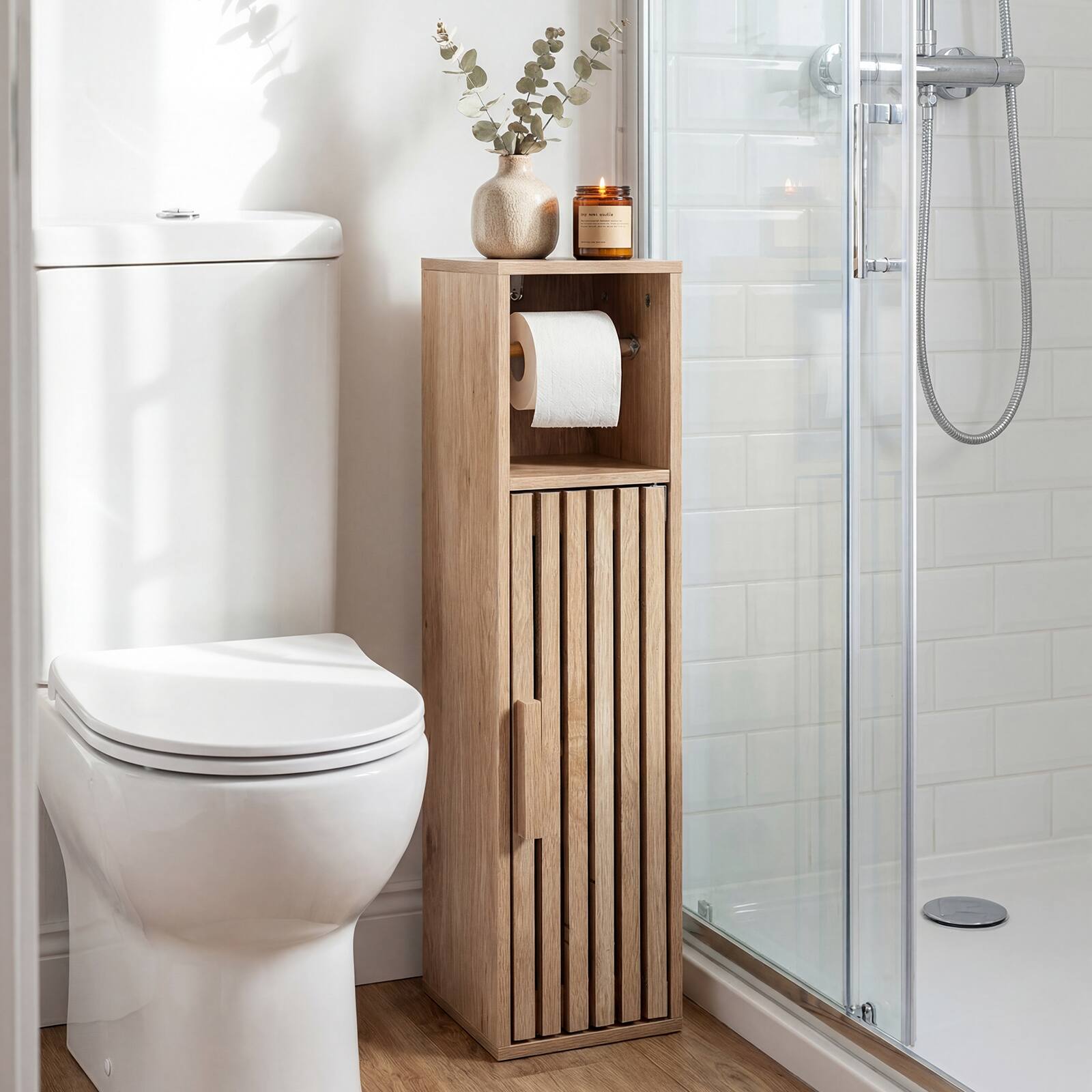 Alt View 3. Costway - Costway Slim Bathroom Cabinets, Freestanding Toilet Paper Holder Stand with Door - Natural.