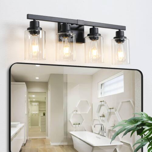 Angle. LUCKY ONE - 24in Wall Mount Vanity Light, 4-Light Black Industrial Sconce with Clear Glass Shades - Black.