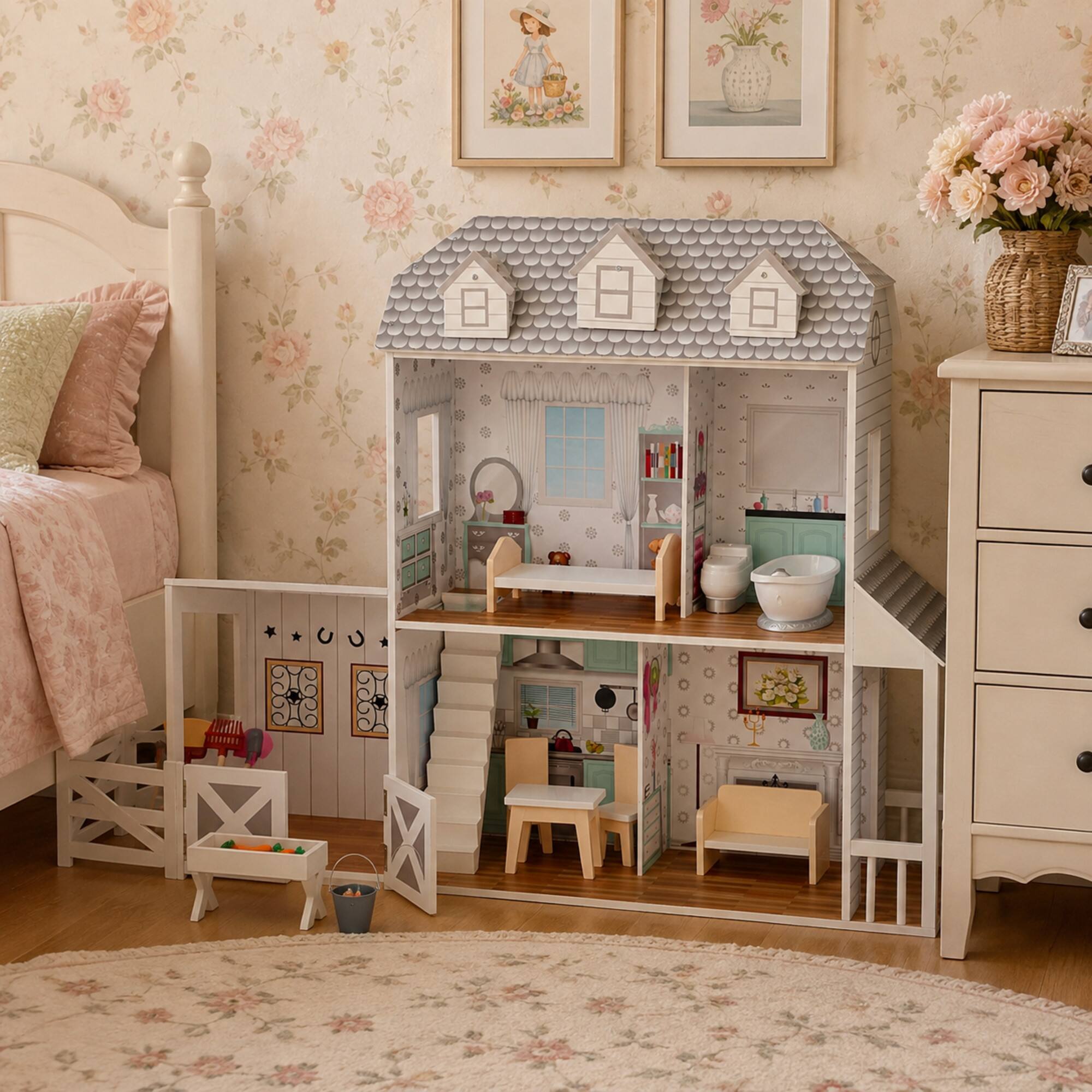 Alt View 3. Teamson Kids - 2-Story Farmhouse Dollhouse with Stable.