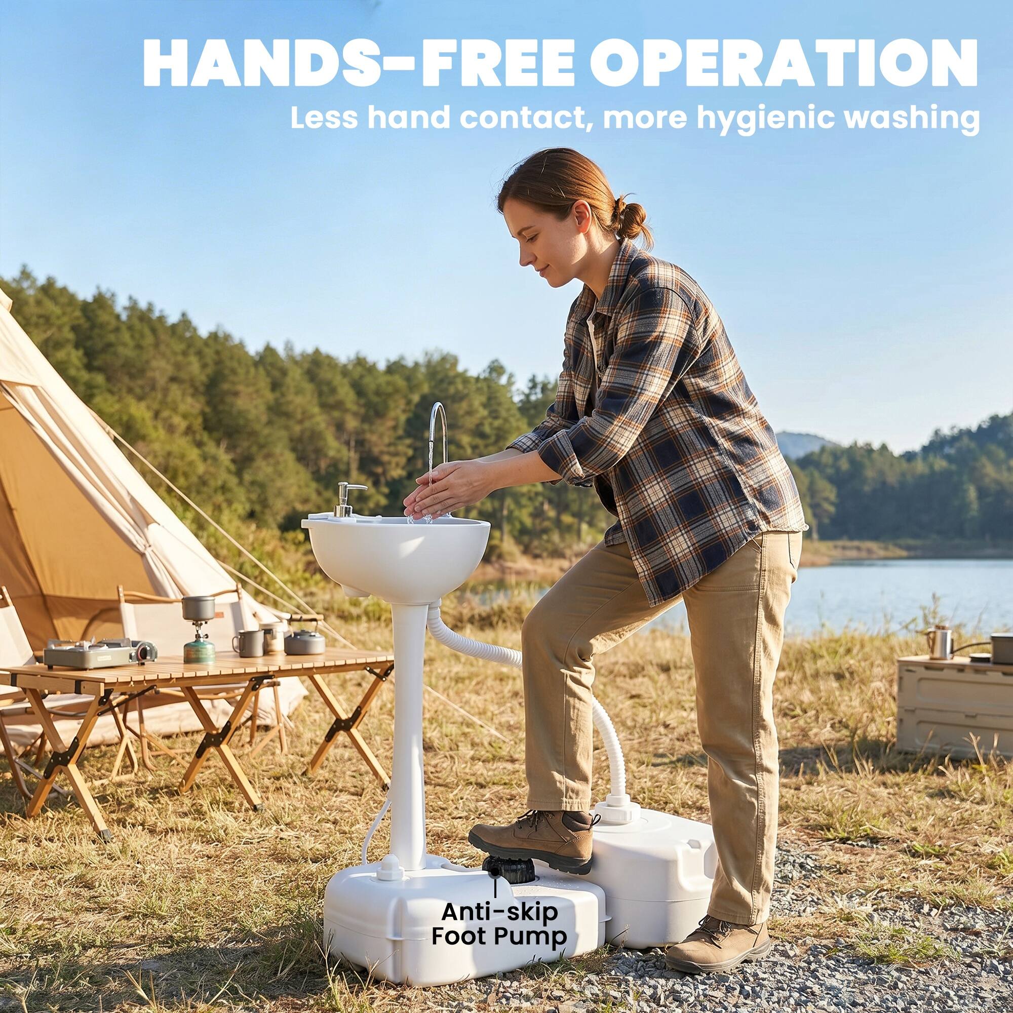 HANDS-FREE OPERATION  
Less hand contact, more hygienic washing  
Anti-skip Foot Pump
