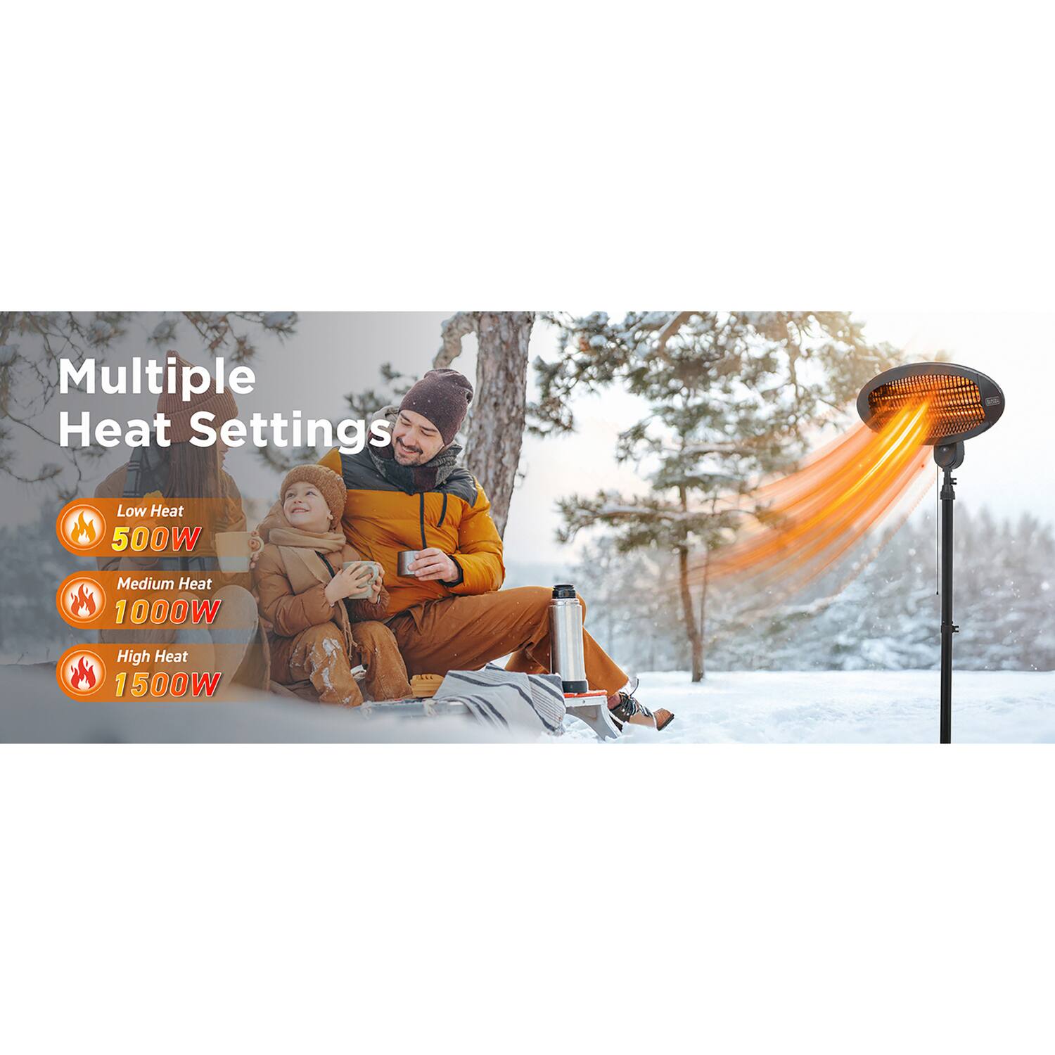 Multiple Heat Settings  
Low Heat 500W  
Medium Heat 1000W  
High Heat 1500W