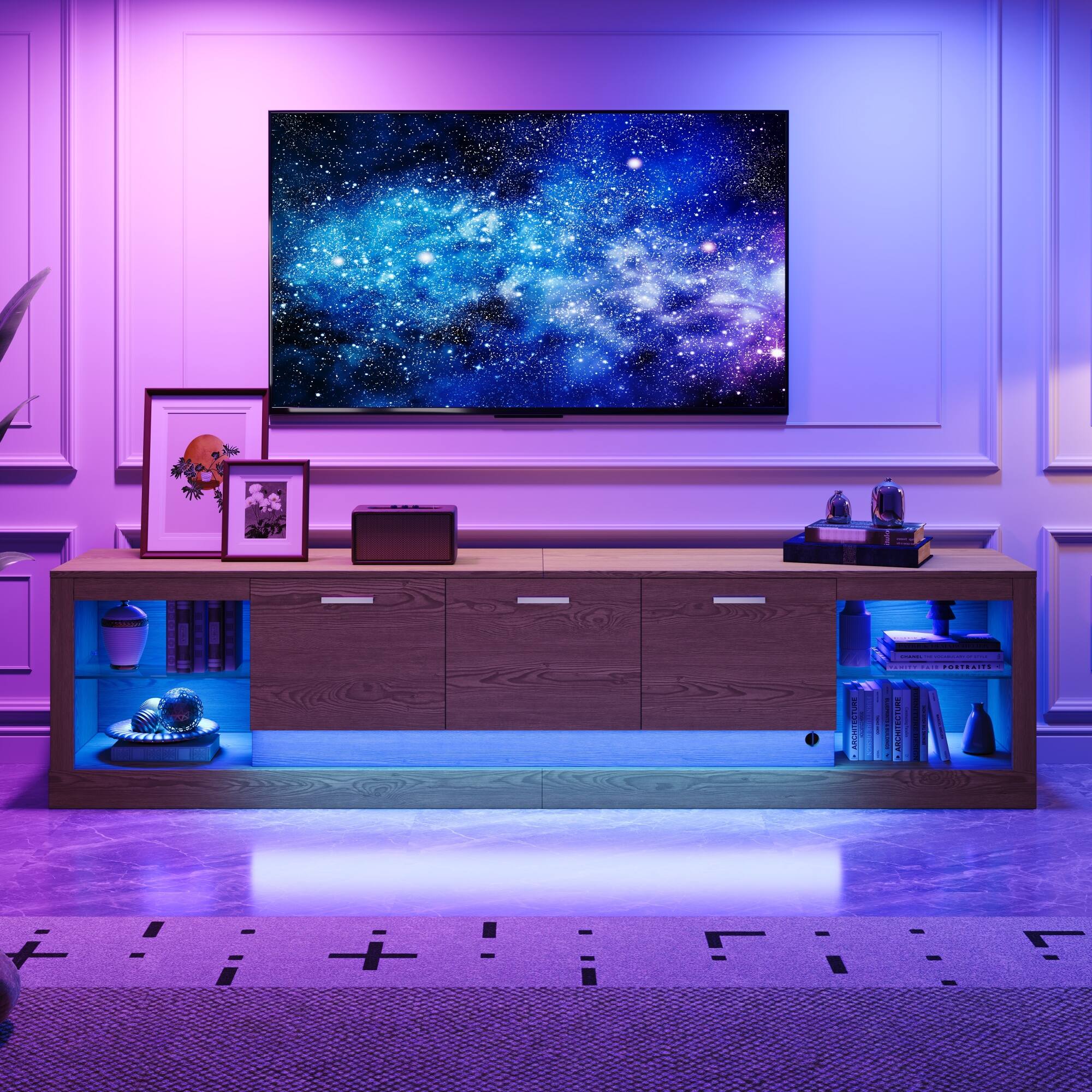 Alt View 4. PexFix - TV Stand for 90" TVs, Modern Media Console Entertainment Center with LED Lights & Tempered Glass - Natural.