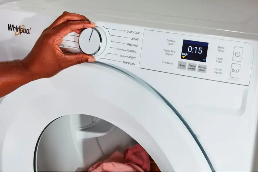 Whirlpool IZE E CONTROL QUICK DRY JEANS BEDDING Low Heat NORMAL No Heat AIR DRY TIMED DRY Control Lock Damp Dry 0:15 Signal High EcoBoost Temp Drying Levels Wrinkle Shield More Time Less Time Cycle DII Signal Hold to Start