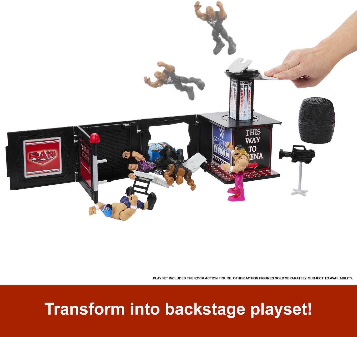 The text on the image reads:

"Transform into backstage playset! Playset includes the Rock action figure. Other action figures sold separately, subject to availability."

The text in the image is already correct and grouped properly.
