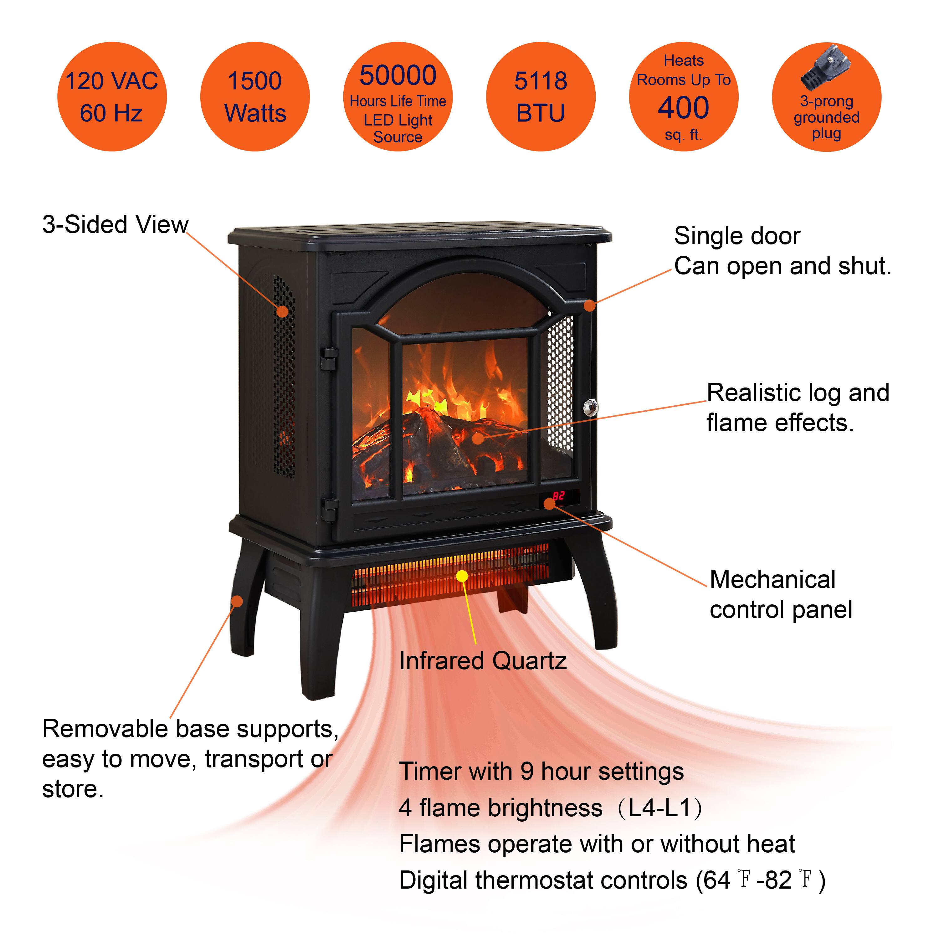 - 120 VAC 60 Hz
- 1500 Watts
- 50000 Hours Life Time LED Light Source
- 5118 BTU
- Heats Rooms Up To 400 sq. ft.
- 3-prong grounded plug
- 3-Sided View
- Single door Can open and shut.
- Realistic log and flame effects.
- Mechanical control panel
- Infrared Quartz
- Timer with 9 hour settings
- 4 flame brightness (L4-L1)
- Flames operate with or without heat
- Digital thermostat controls (64 F -82 F)
- Removable base supports, easy to move, transport or store.