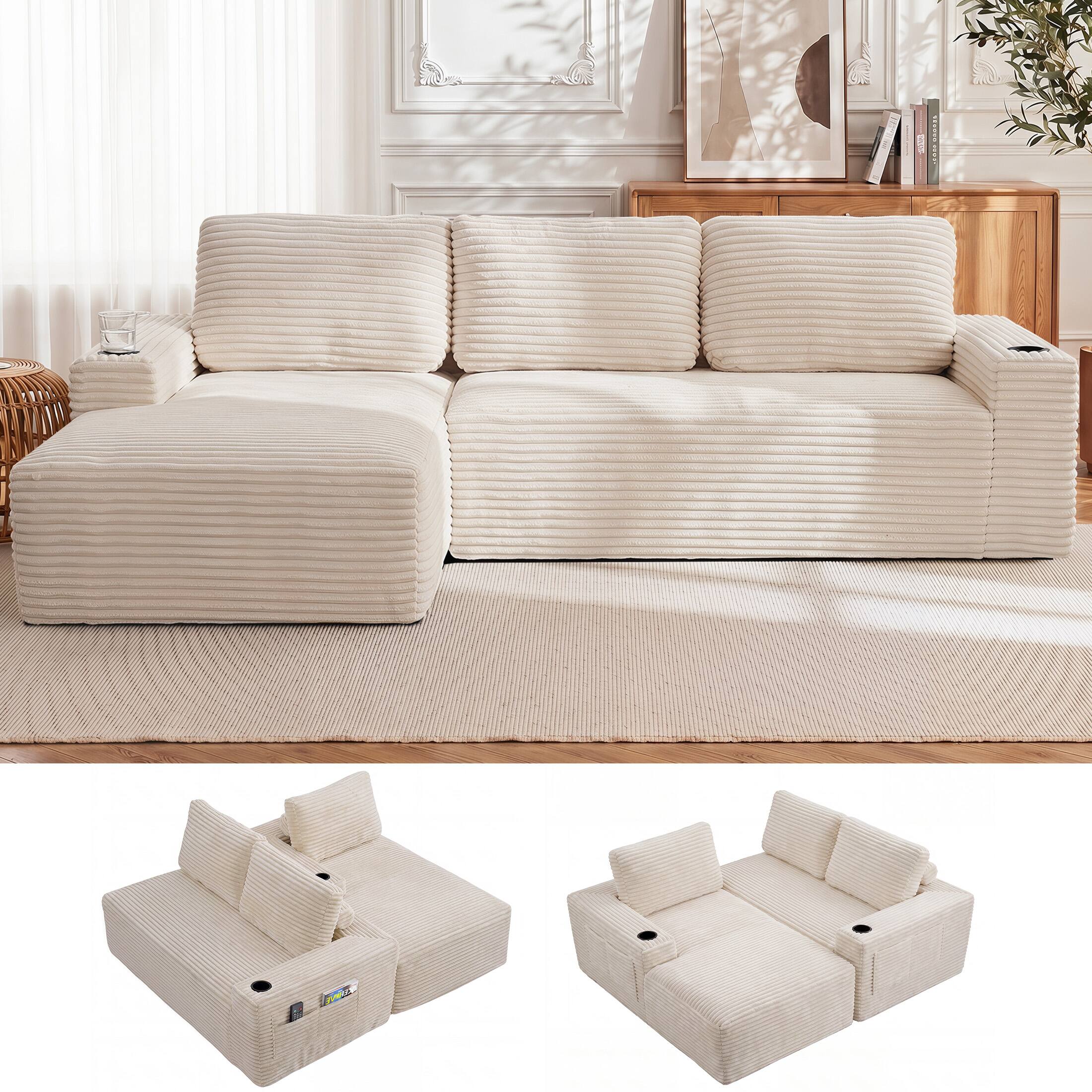 Angle. Anysun - 104" L-Shape Cloud Corduroy Sectional Couch – Modern Modular Sectional Sofa with Deep Seat, Left facing - Cream White.