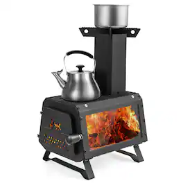 Costway - Portable Wood Burning Stove Wood Camping Stove Heater with 2 Cooking Positions - Black