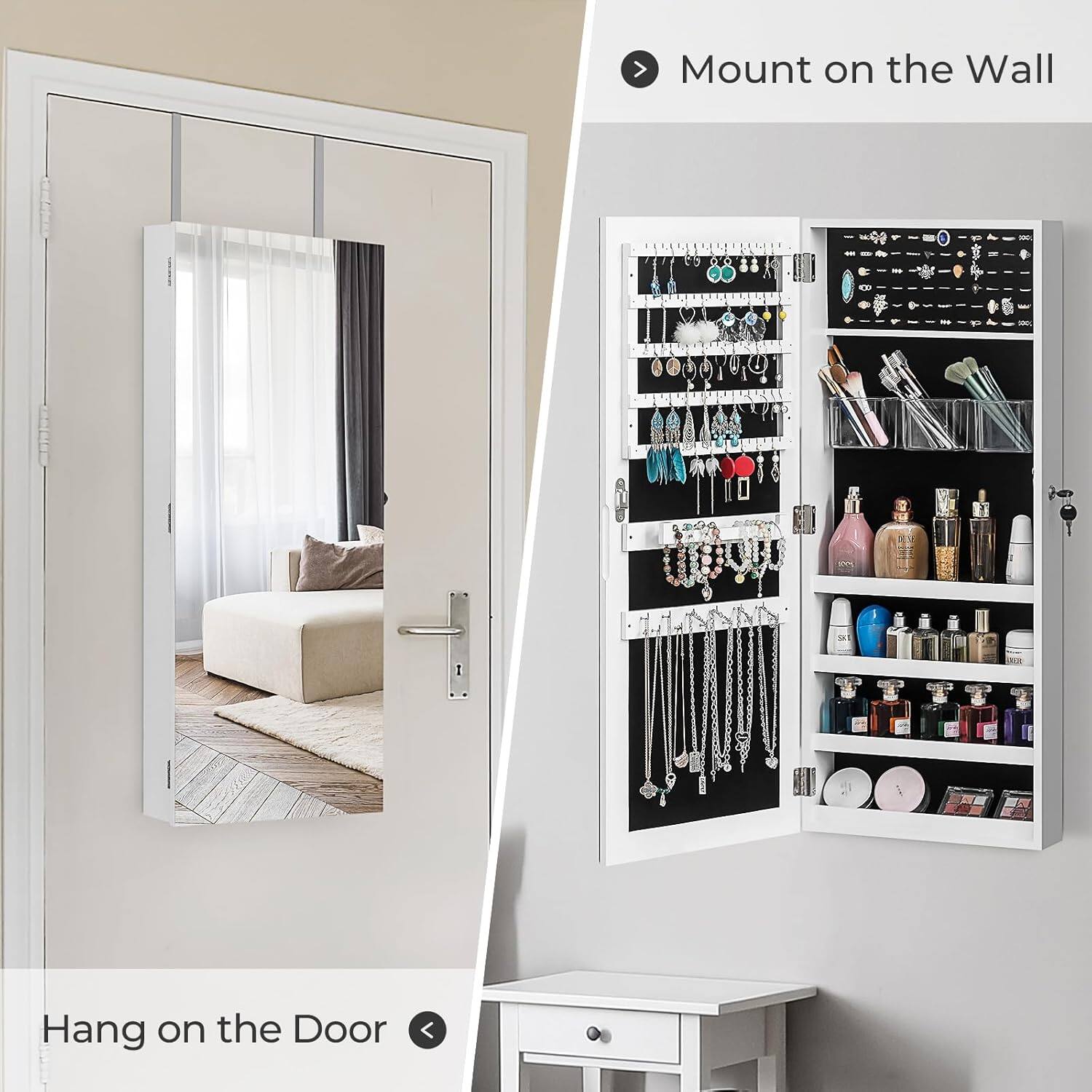 Alt View 5. Winado - Wall Door Mounted Full Mirrored Jewelry Holder Cosmetic Large Organizer Cabinet Armoire Lockable w/ Frameless Mirror - White.