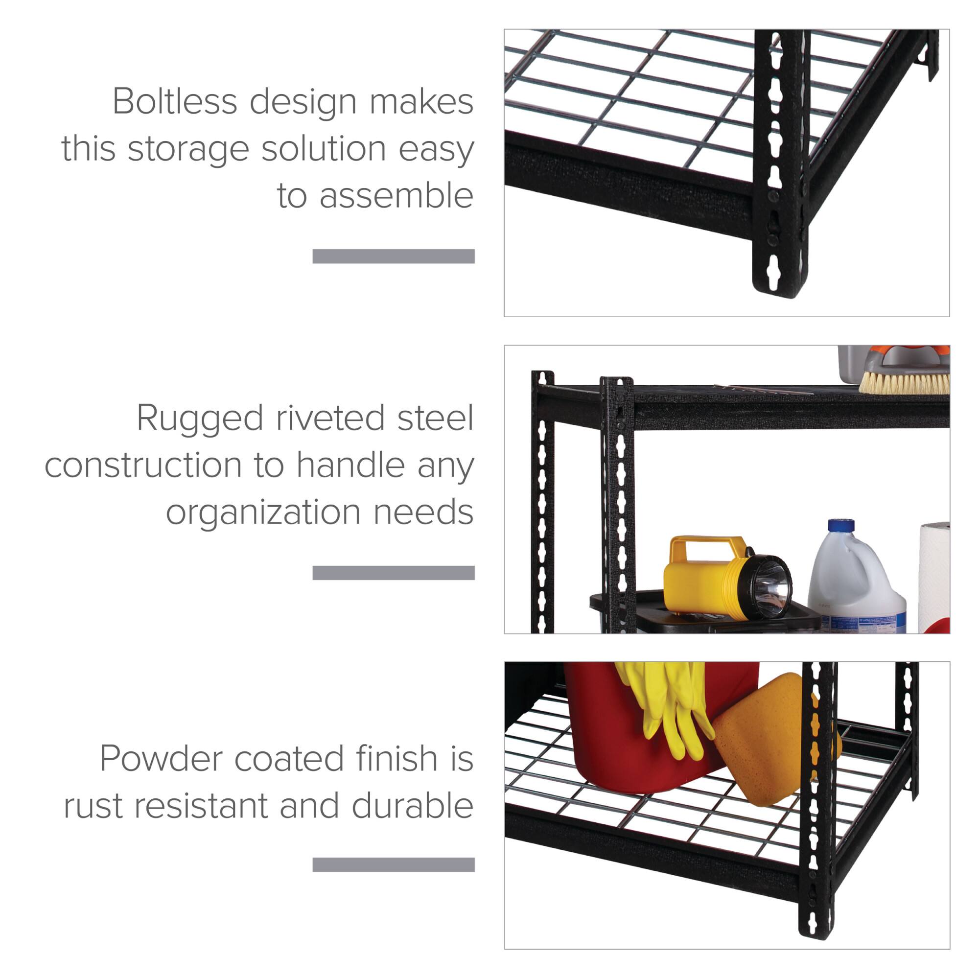 Boltless design makes this storage solution easy to assemble. Rugged riveted steel construction to handle any organization needs. Powder coated finish is rust resistant and durable.