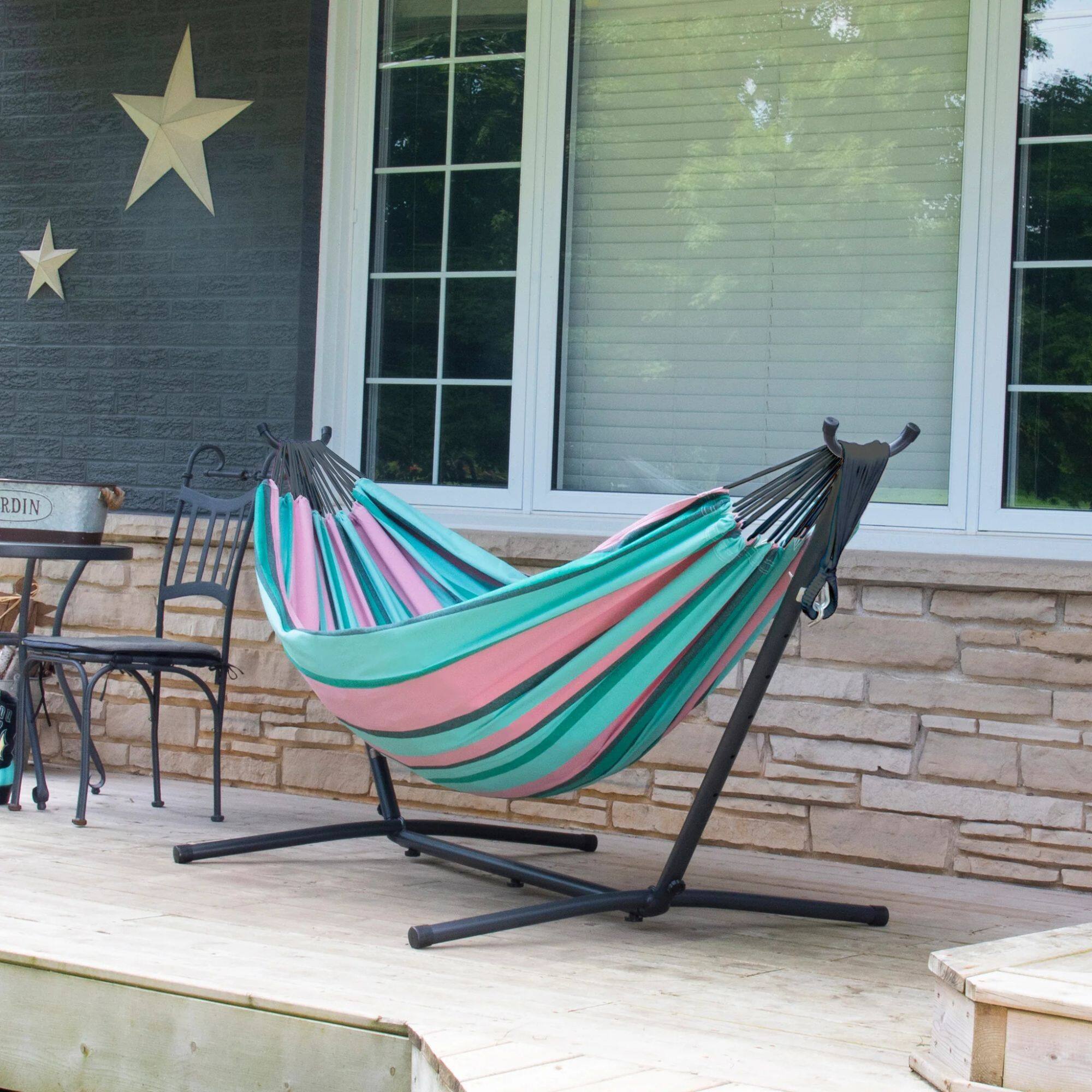 Alt View 2. Vivere - Vivere Double Cotton Hammock, Comfortable Daybed, Steel Stand, 9', Watermelon - Watermelon.
