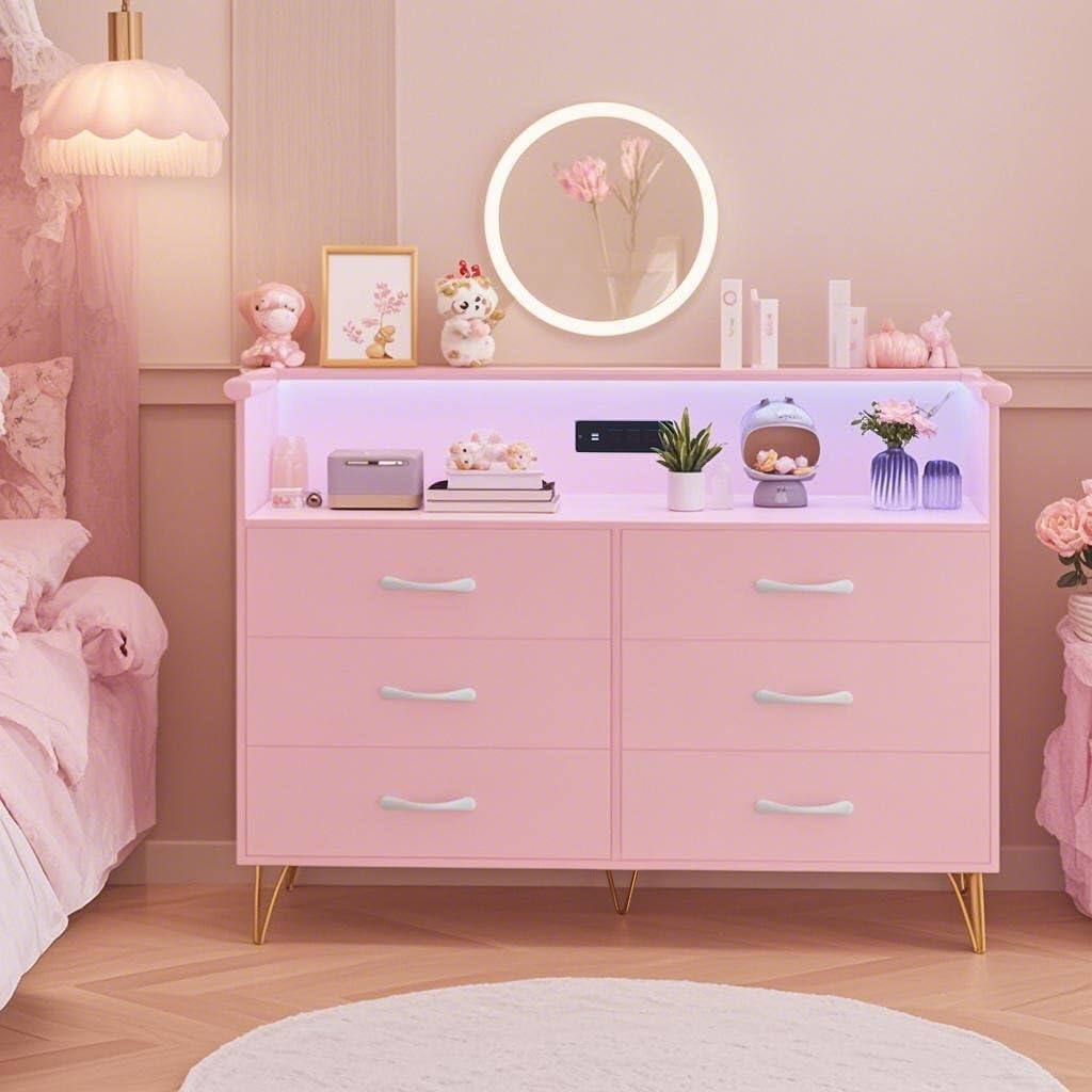 Alt View 2. GARVEE - Dresser for Bedroom with LED Light & Power Outet, 6 Drawers Wooden Dressers with 2-Tier Open Space - pink.