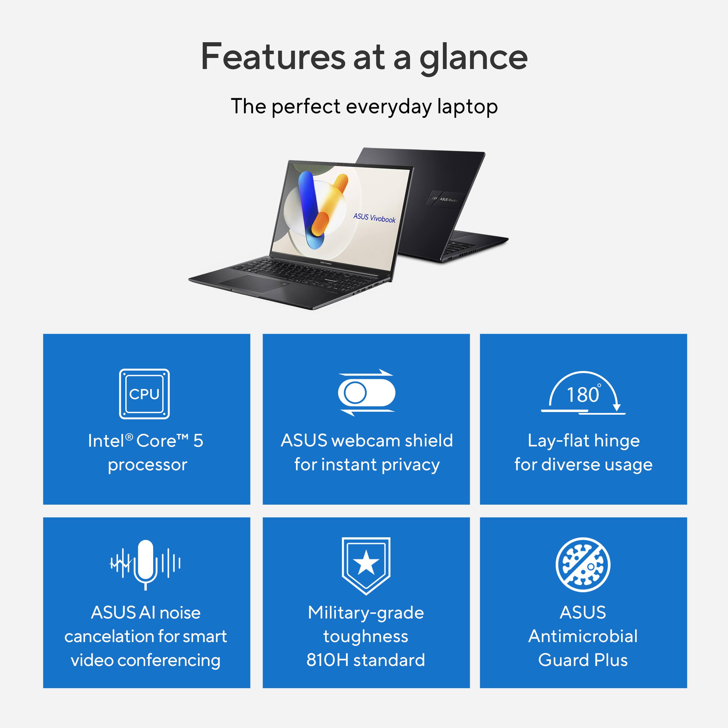 Features at a Glance: The Perfect Everyday Laptop

* Intel Core M 5 processor
* ASUS webcam shield for instant privacy
* Lay-flat hinge for diverse usage
* ASUS AI noise cancelation for smart video conferencing
* Military-grade toughness (810H standard)
* ASUS Antimicrobial Guard Plus