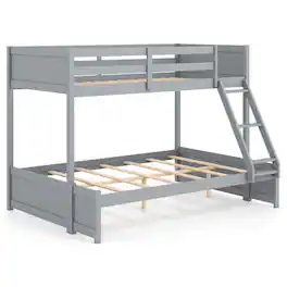 Costway - Twin Over Full Bunk Bed with 3-Step Ladder Full-Length Guardrails 21 Support Slats - Gray