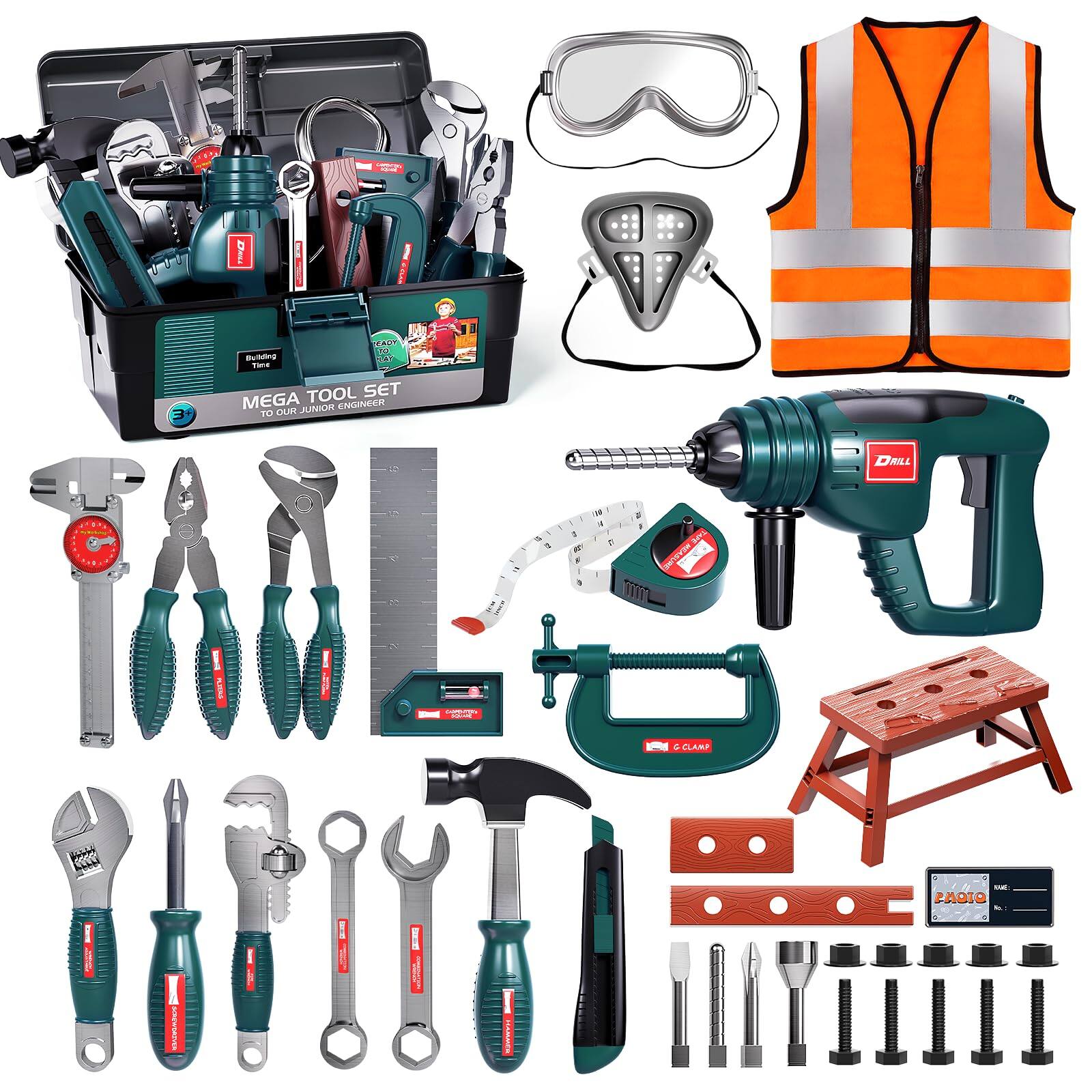 Skar Audio - Tool Set With Box & Electronic Drill Pretend Play Construction Kits For Ages 3-5 Years Old Boy Toys() - Green