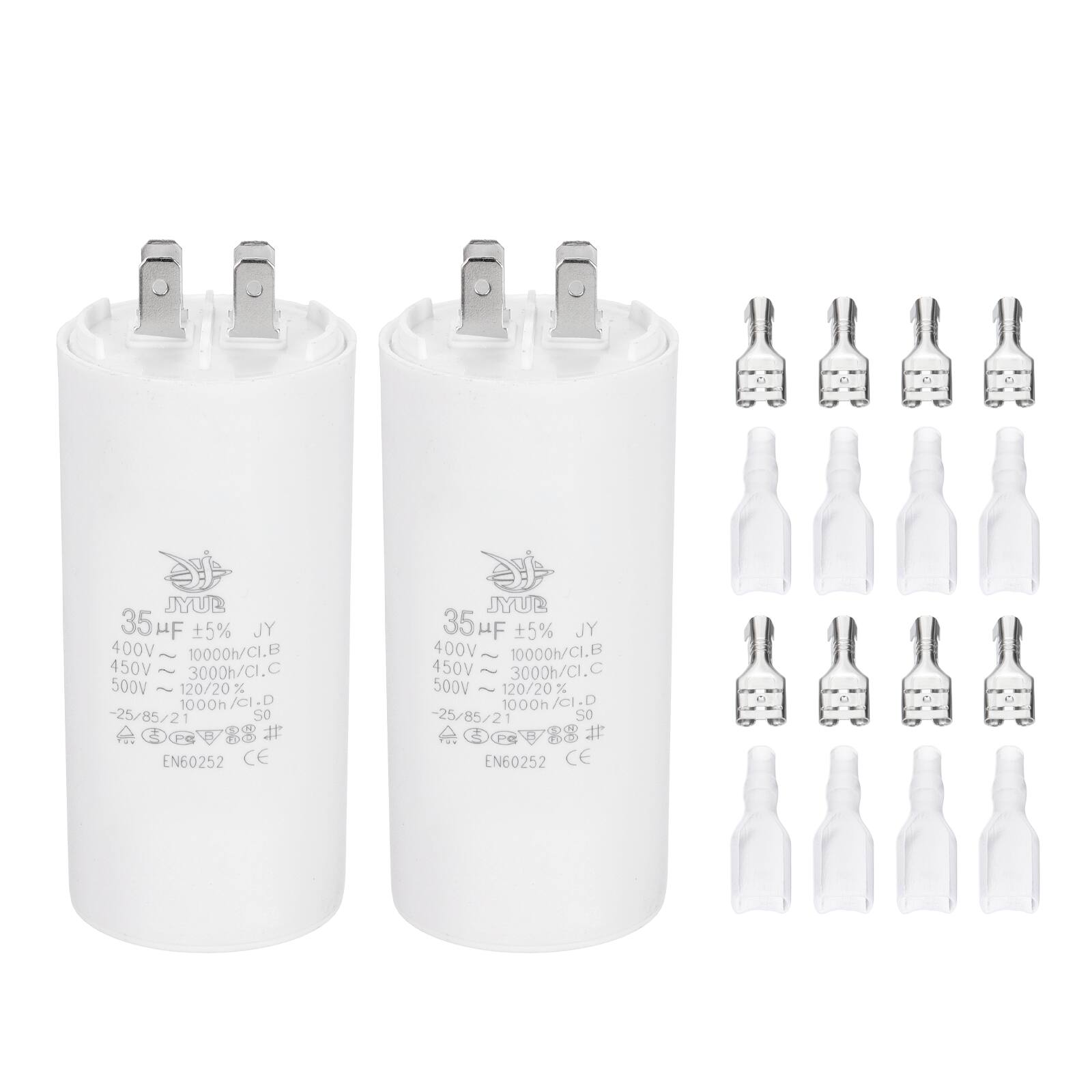 JYUB 35μF ±5% JY  
400V - 10000h/CI.B  
450V - 3000h/CI.C  
500V - 120/20% 1000h/CI.D  
-25/85/21  
EN60252 CE  

JYUB 35μF ±5% JY  
400V - 10000h/CI.B  
450V - 3000h/CI.C  
500V - 120/20% 1000h/CI.D  
-25/85/21  
EN60252 CE