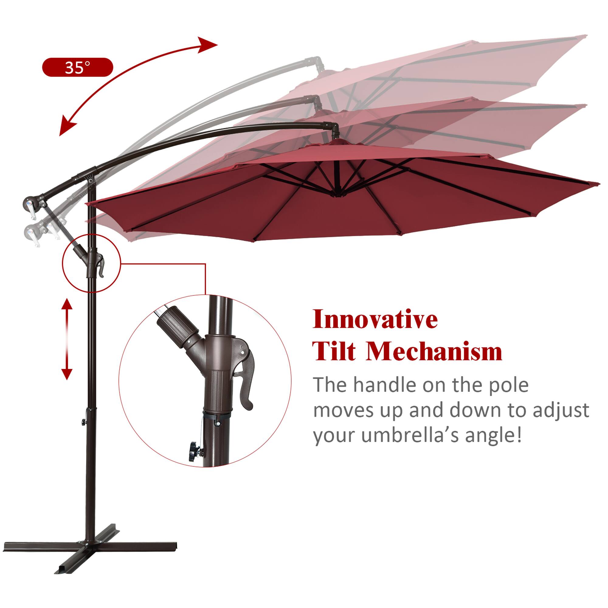 35°, Innovative Tilt Mechanism, The handle on the pole moves up and down to adjust your umbrella's angle!