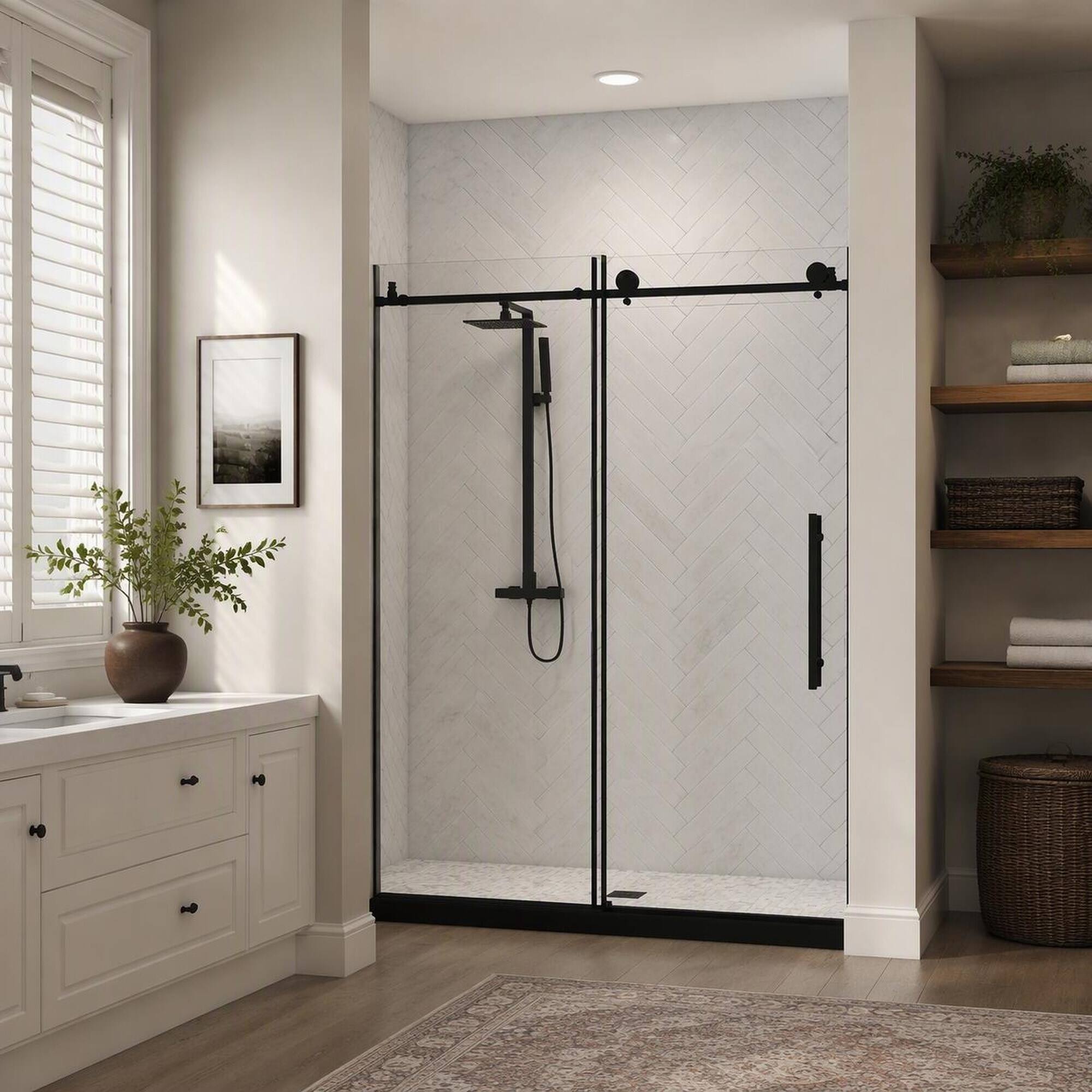 Angle. RYHNUYNE - Frameless Shower Door 44-48" W X 76" H With 1/4" Clear Tempered Glass, Matte Black Steel Handle - Matte Black.
