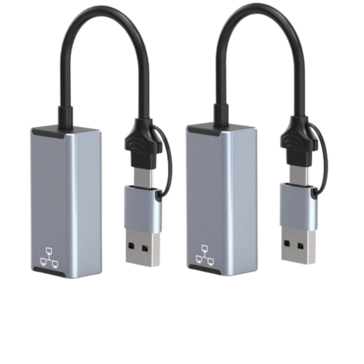 Front. Stock Preferred - 2Pcs 2-in-1 USB Type-A & Type-C to Gigabit RJ45 Ethernet Adapter 1000Mbps - Gray.