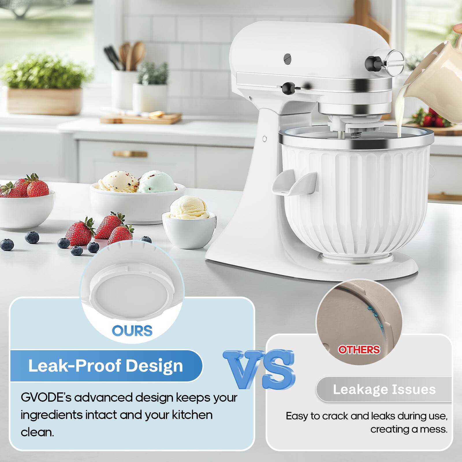 **OURS**

**Leak-Proof Design**

GVODE's advanced design keeps your ingredients intact and your kitchen clean.

**VS**

**OTHERS**

**Leakage Issues**

Easy to crack and leaks during use, creating a mess.