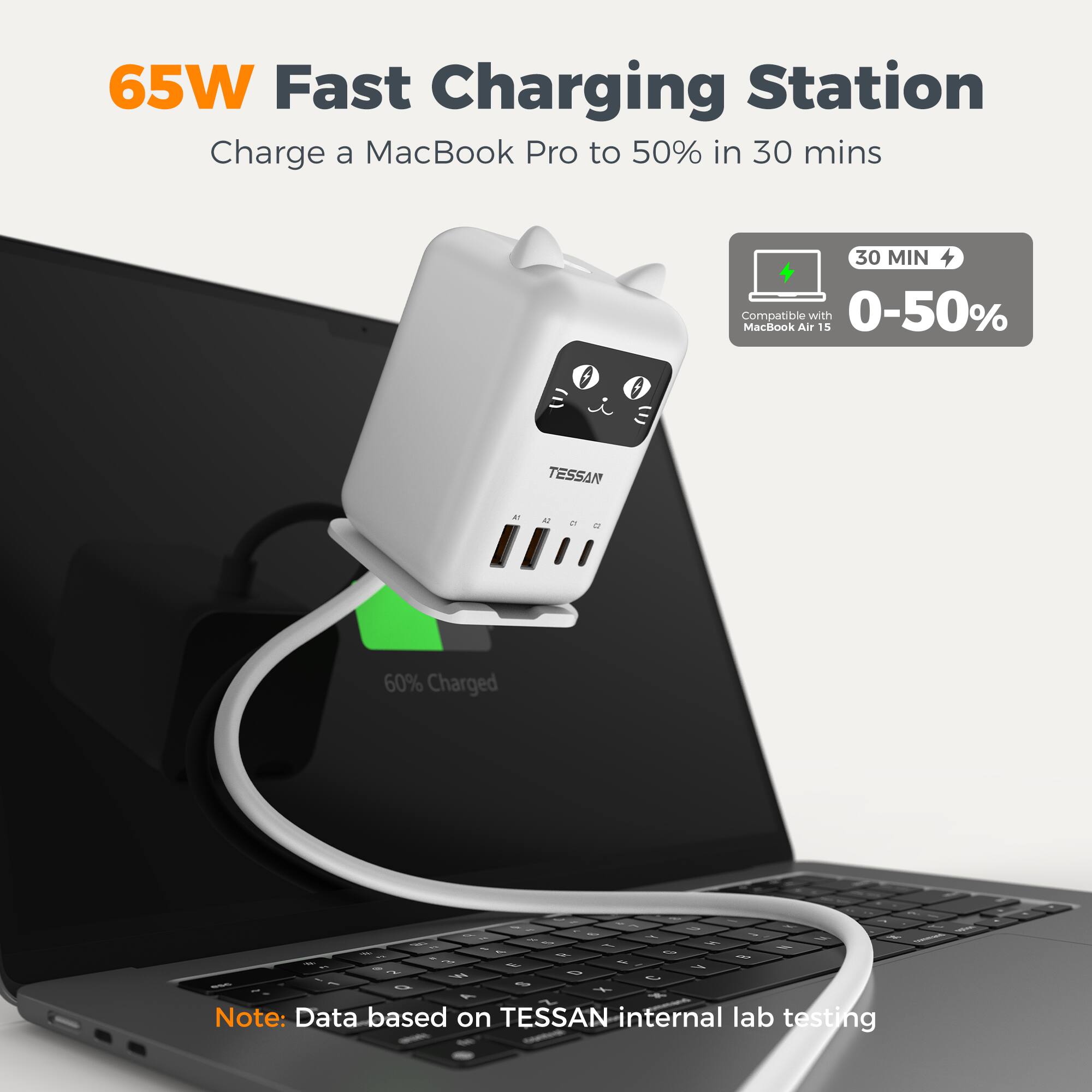 65W Fast Charging Station  
Charge a MacBook Pro to 50% in 30 mins  

30 MIN  
0-50%  
Compatible MacBook Air 15  

60% Charged  

Note: Data based on TESSAN internal lab testing