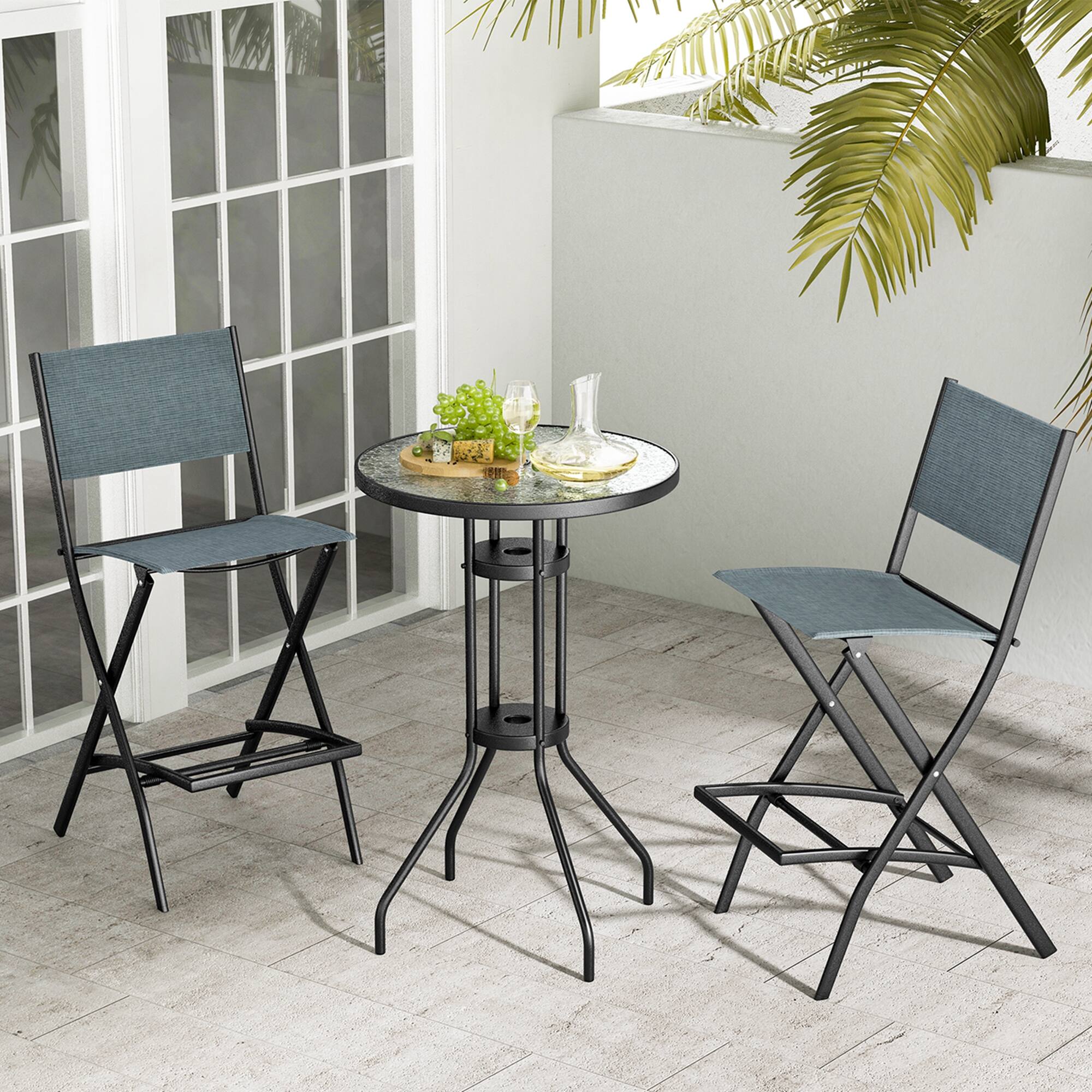 Alt View 1. Costway - Costway Set of 2 Outdoor Bar Chair Folding Bar Height Stool with Metal Frame - Blue.