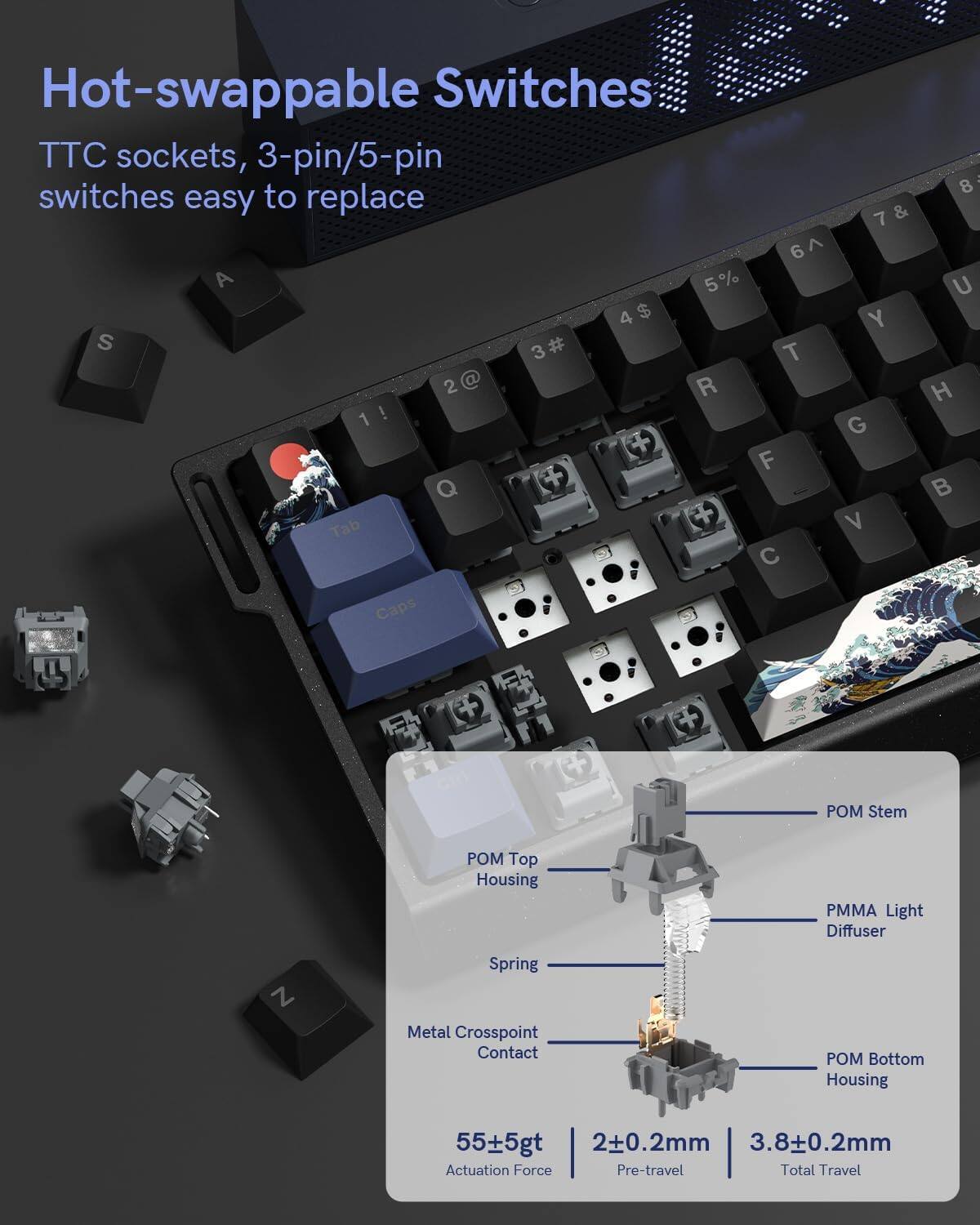 Hot-swappable Switches  
TTC sockets, 3-pin/5-pin switches easy to replace  

- POM Top Housing  
- POM Stem  
- Spring  
- Metal Crosspoint Contact  
- PMMA Light Diffuser  
- POM Bottom Housing  

55±5gt  
Actuation Force  
2±0.2mm  
Pre-travel  
3.8±0.2mm  
Total Travel