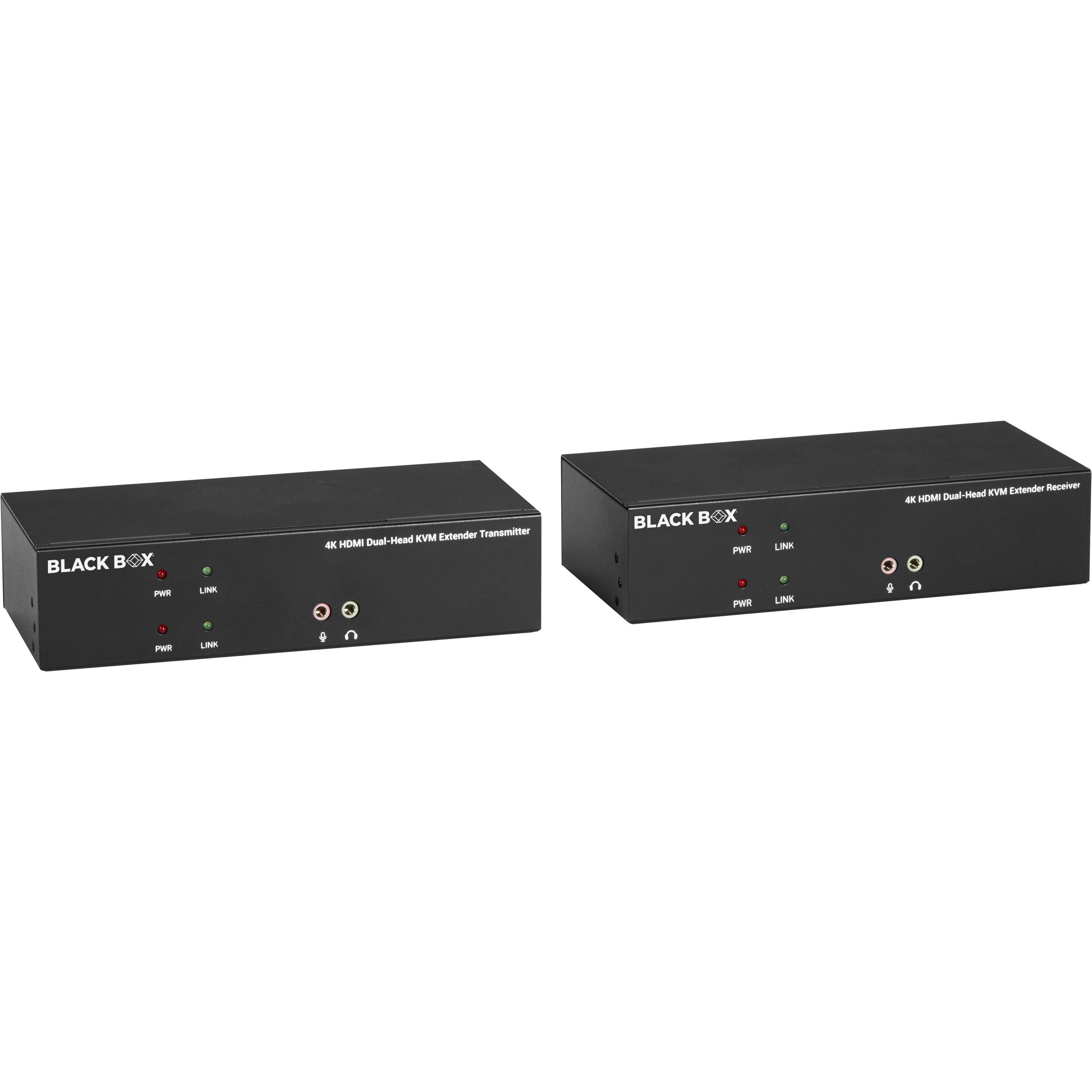 BLACK BOX PMR PWR  
LINK  
KVM Extender Transmitter 4K HDMI Dual-Head  

BLACK BOX PMR PWR  
LINK  
KVM Extender Receiver 4K HDMI Dual-Head