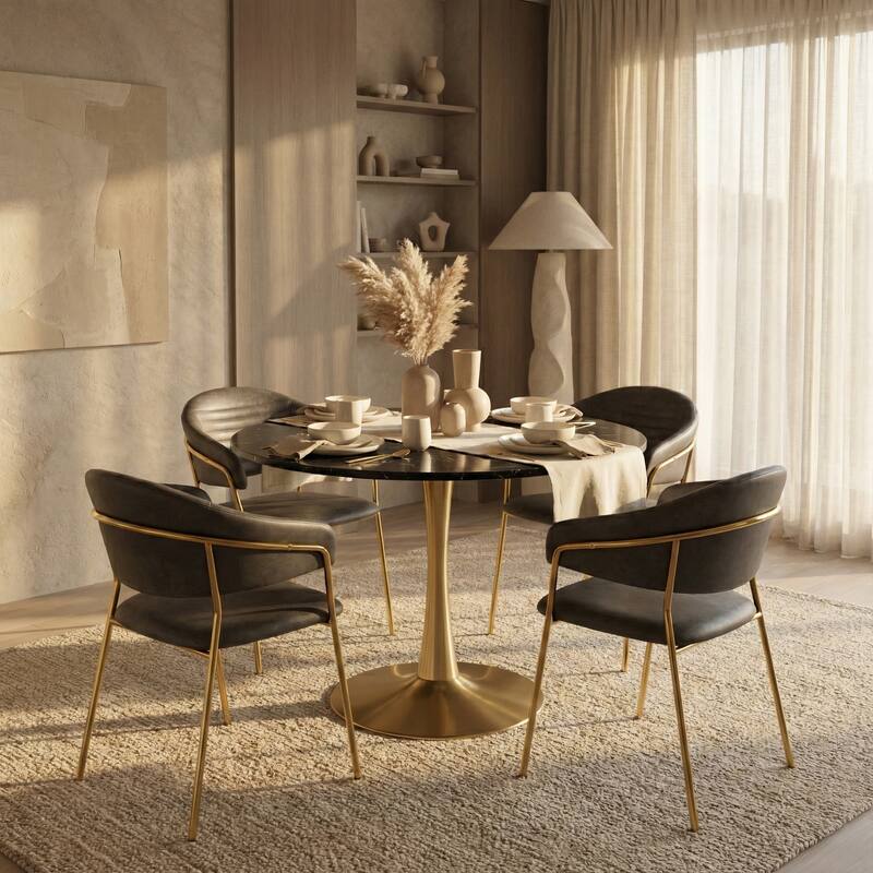 Angle. LeisureMod - Bristol 40" Round Modern Dining Table, Sintered Stone/MDF Top - Minimalist Pedestal Base with Floor Protection - MDF - Marbled Black.