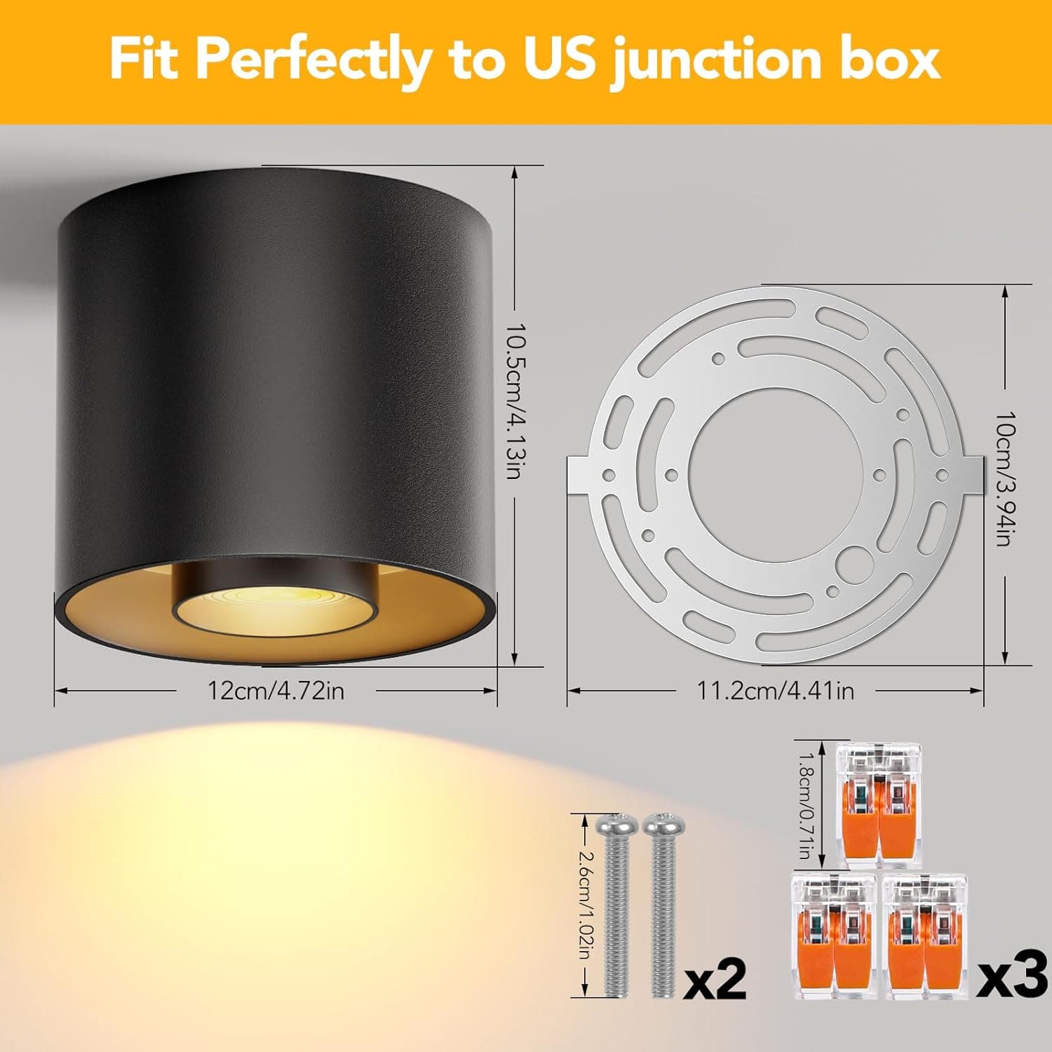 Fit Perfectly to US junction box

- 10.5cm/4.13in
- 10cm/3.94in
- 12cm/4.72in
- 11.2cm/4.41in
- 2.6cm/1.02in
- 1.8cm/0.71in

x2
x3