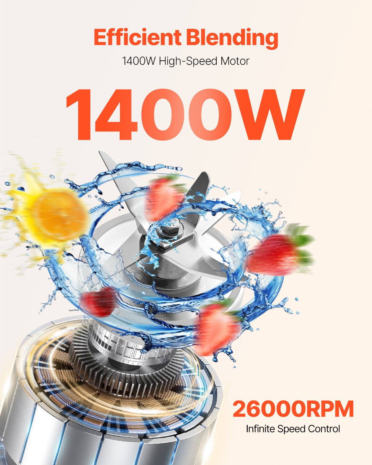 Efficient Blending, 1400W High-Speed Motor, 1400W, 26000RPM, Infinite Speed Control